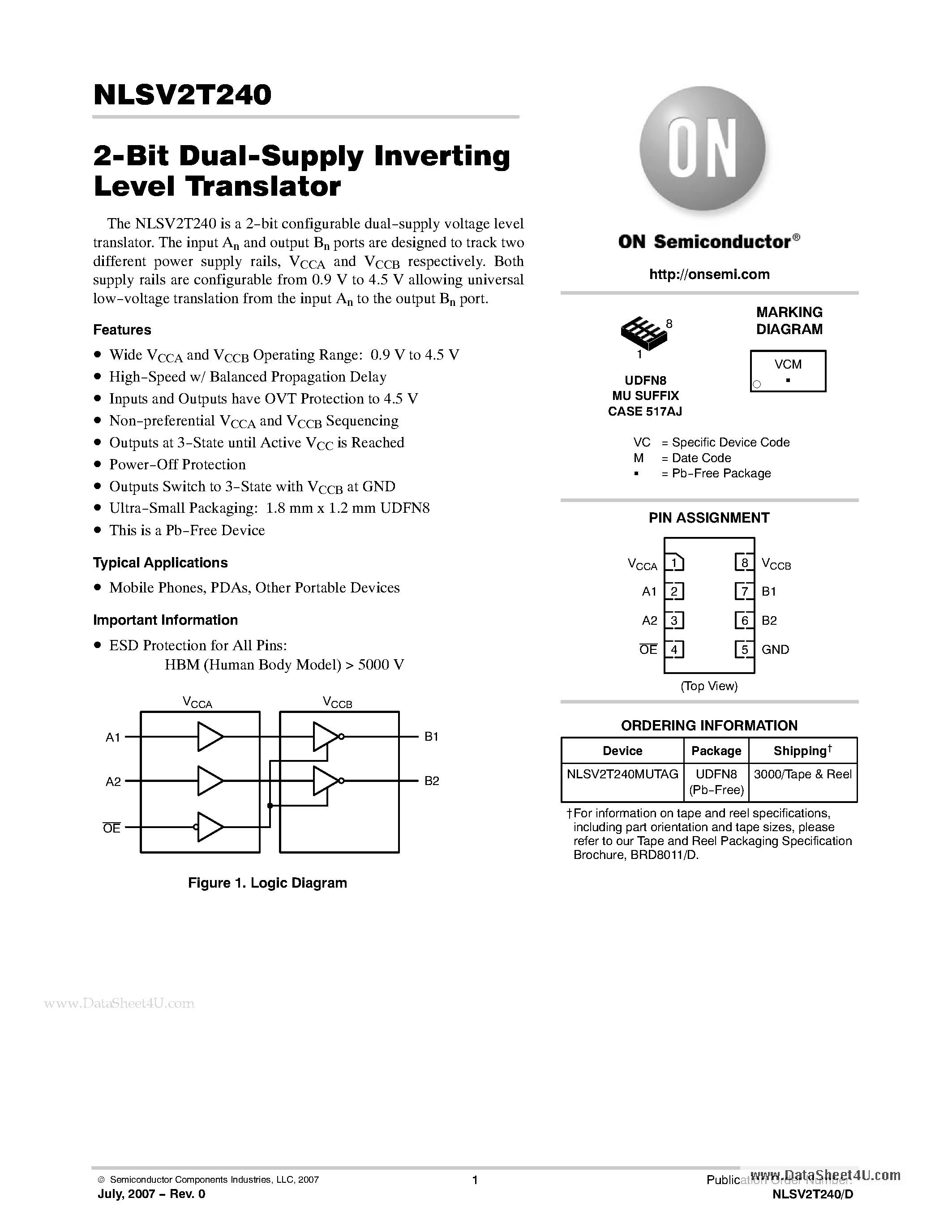 Даташит NLSV2T240 - 2-Bit Dual-Supply Non-Inverting Level Translator страница 1