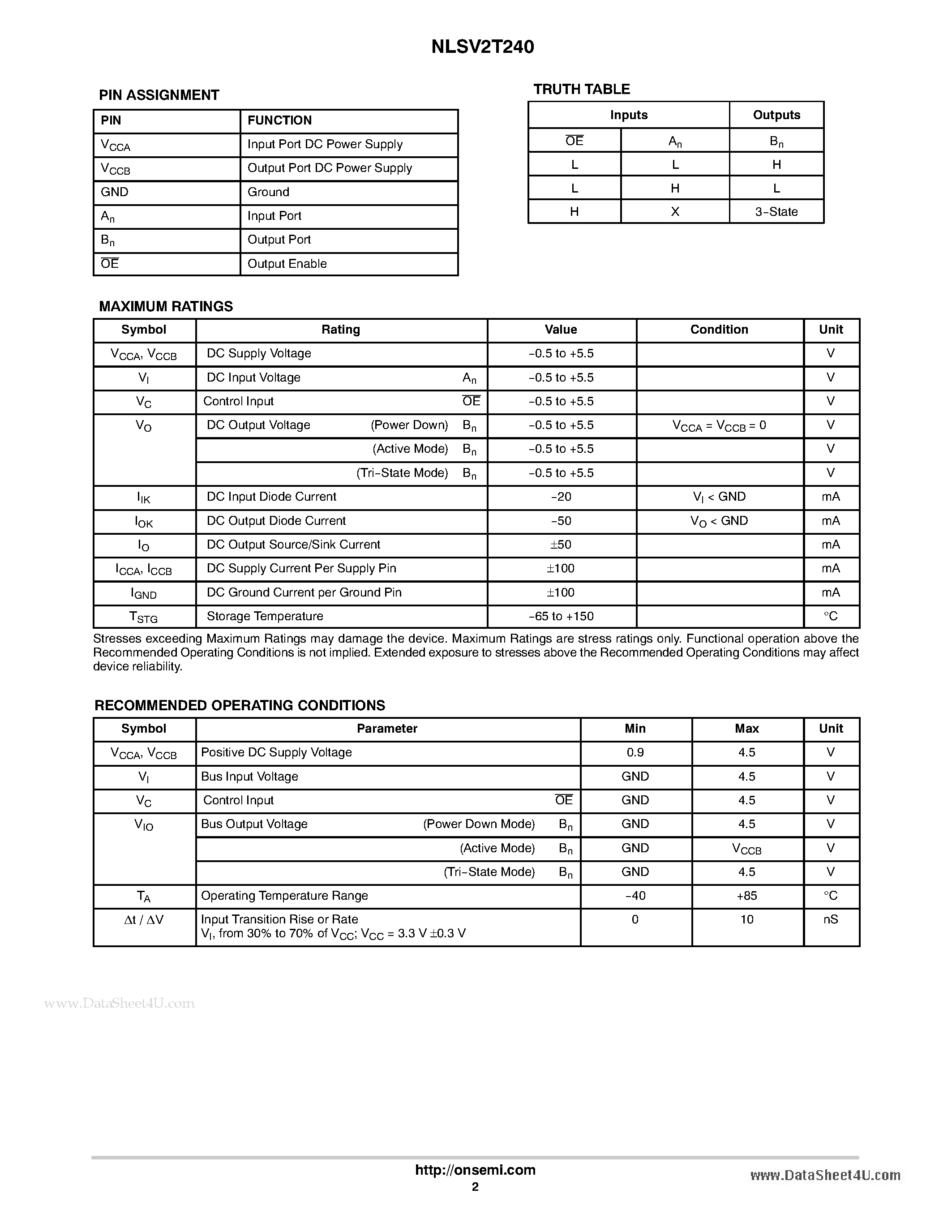 Даташит NLSV2T240 - 2-Bit Dual-Supply Non-Inverting Level Translator страница 2