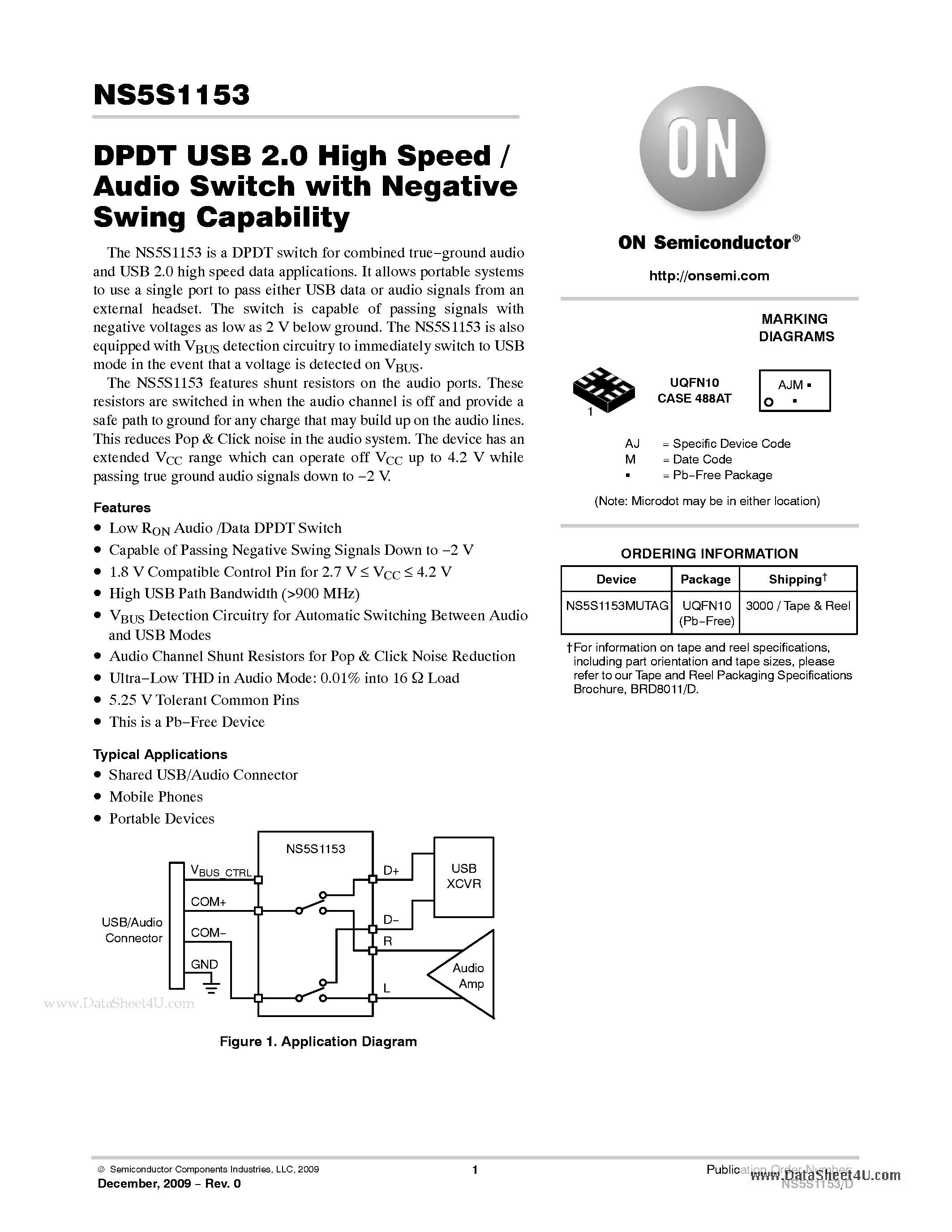 Даташит NS5S1153 - DPDT USB 2.0 High Speed / Audio Switch страница 1