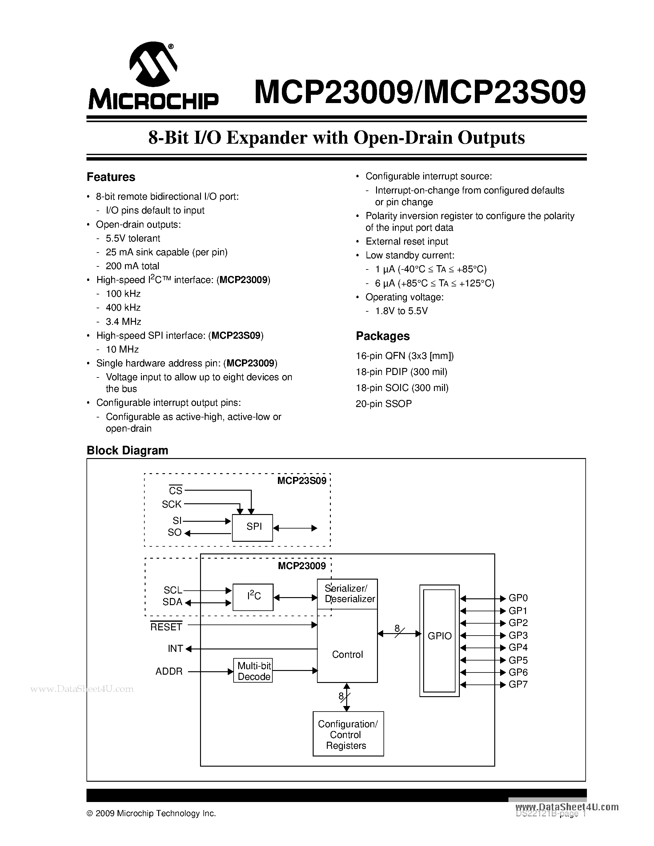 Datasheet MCP23S09 - 8-Bit I/O Expander page 1