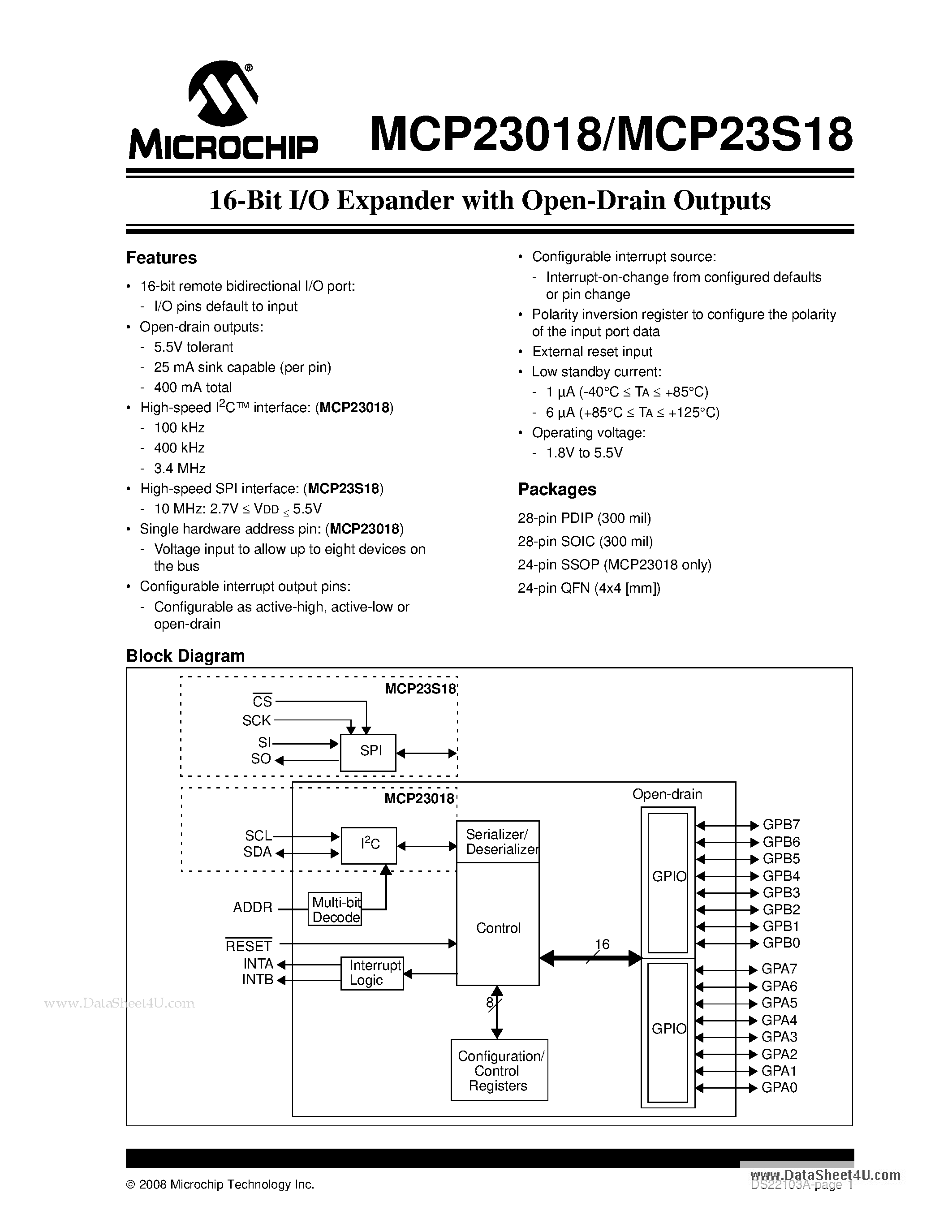 Datasheet MCP23018 - 16-Bit I/O Expander page 1