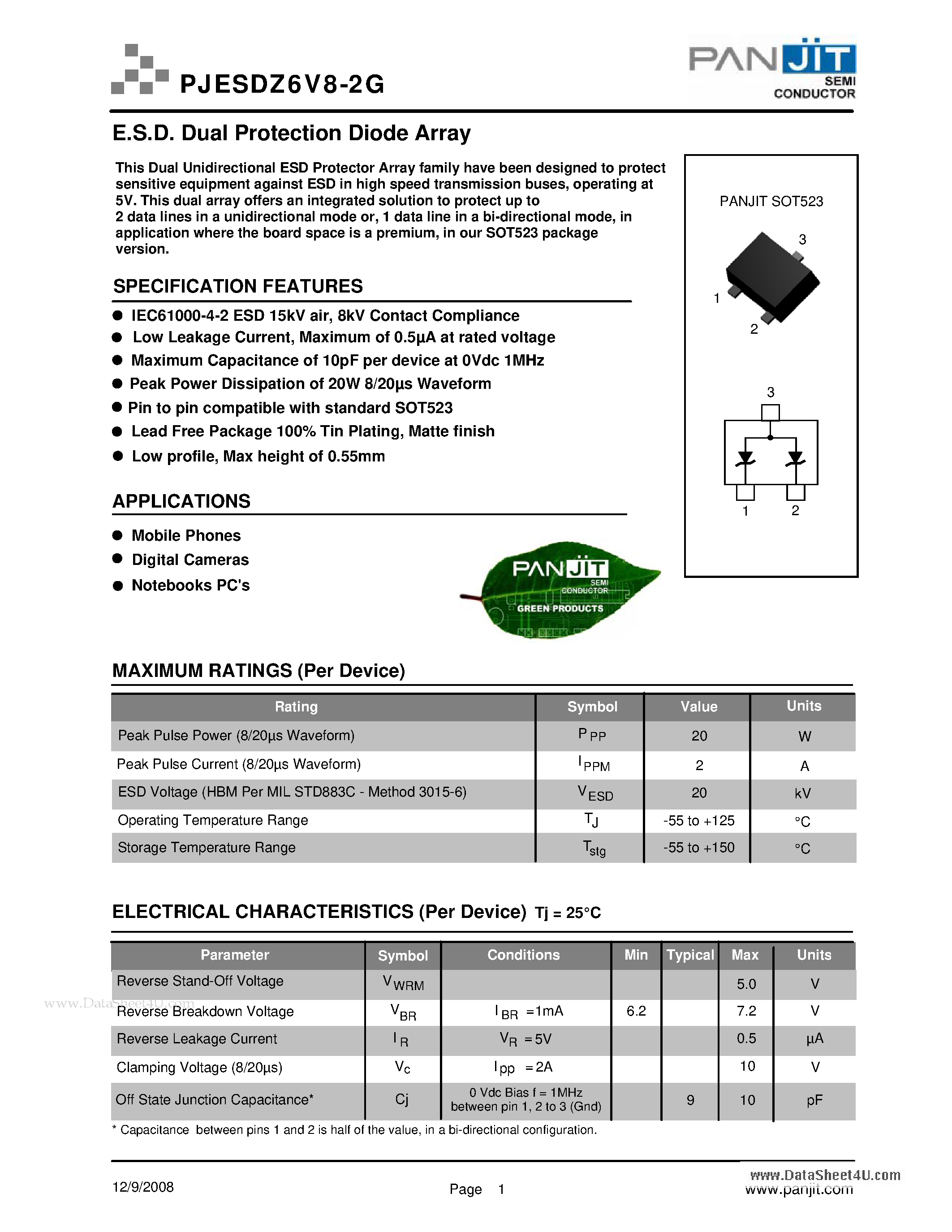 Datasheet PJESDZ6V8-2G - E.S.D. Dual Protection Diode Array page 1