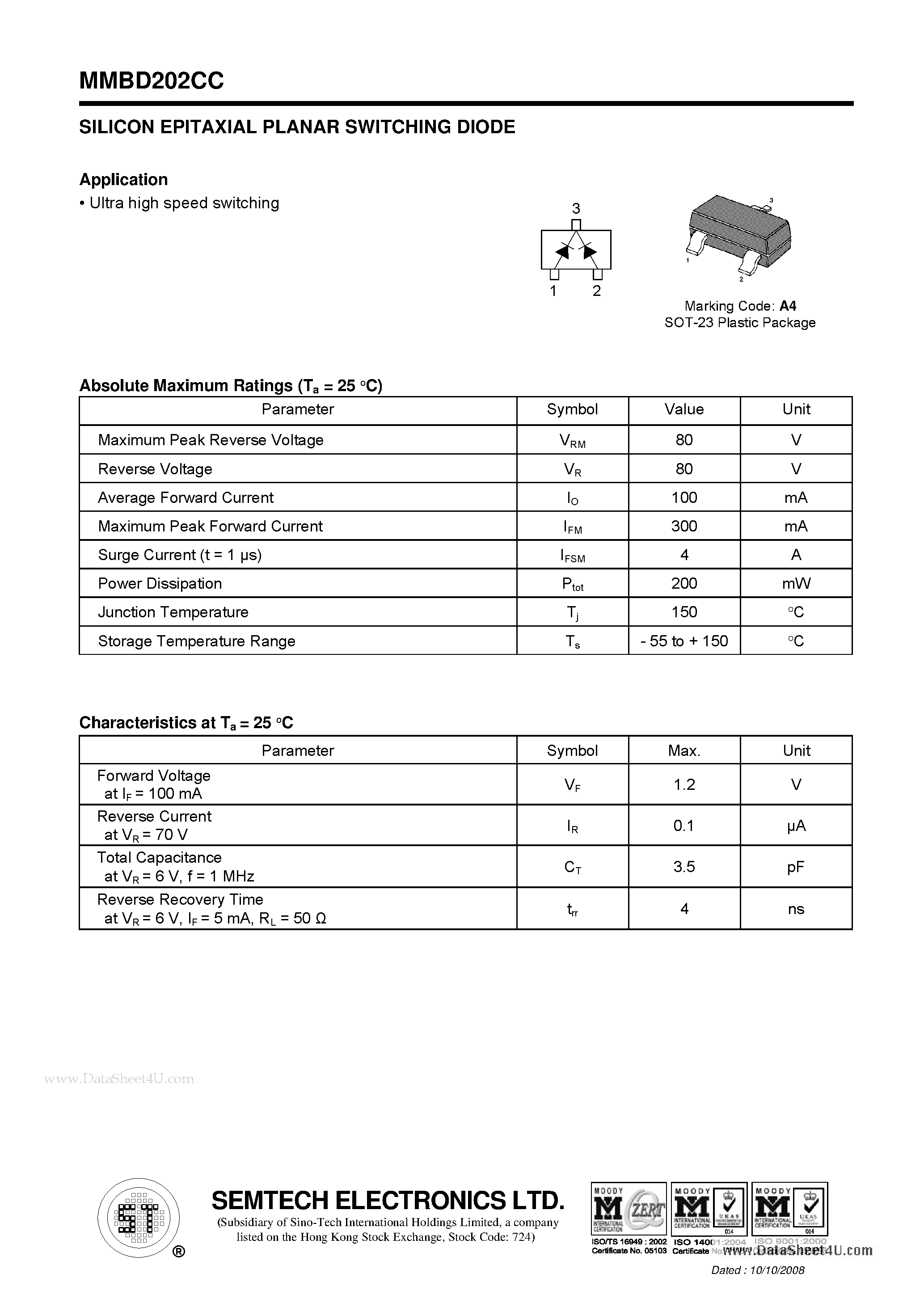 Даташит MMBD202CC - SILICON EPITAXIAL PLANAR SWITCHING DIODE страница 1