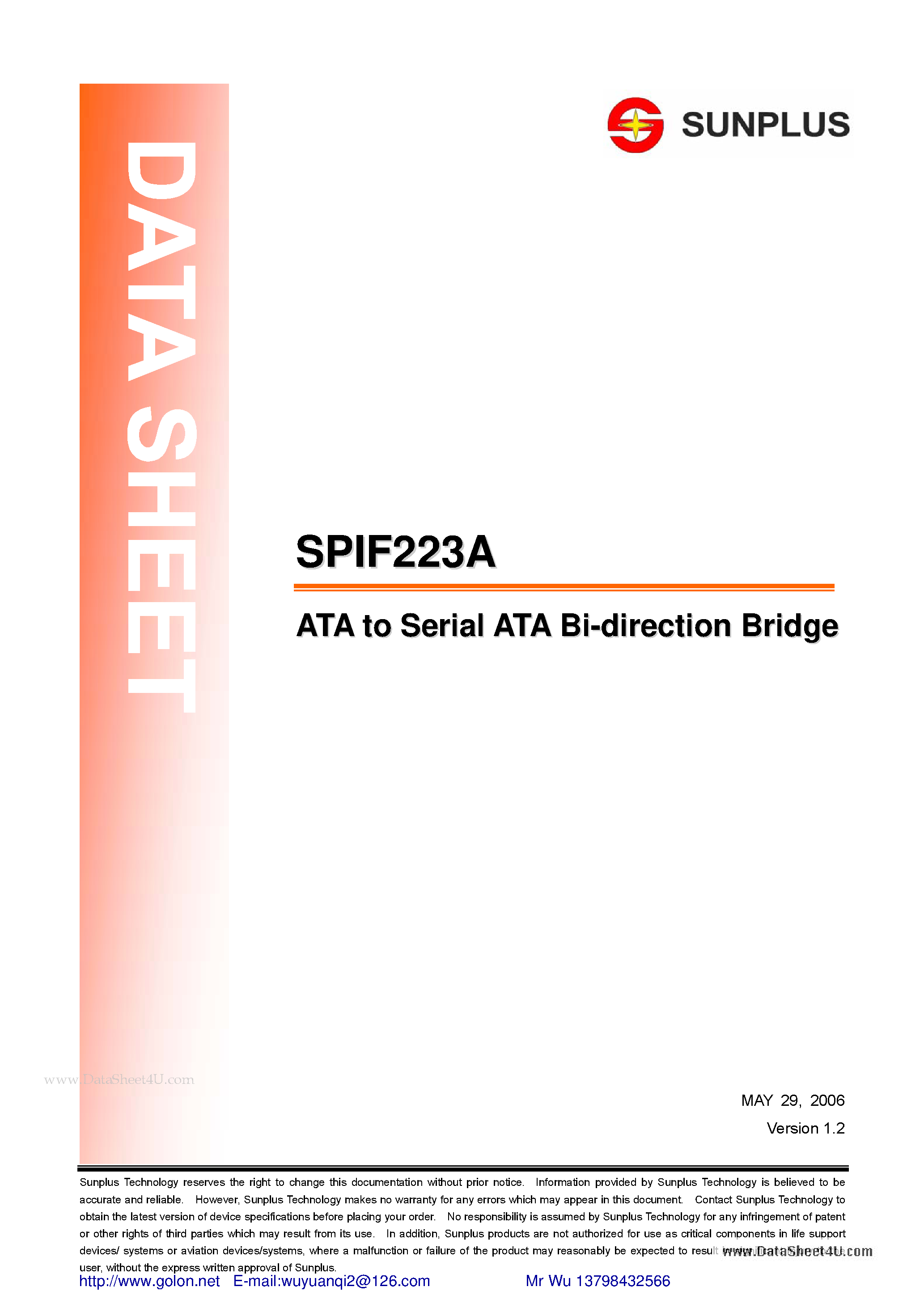 Даташит SPIF223A - ATA to Serial ATA Bi-Direction Bridge страница 1