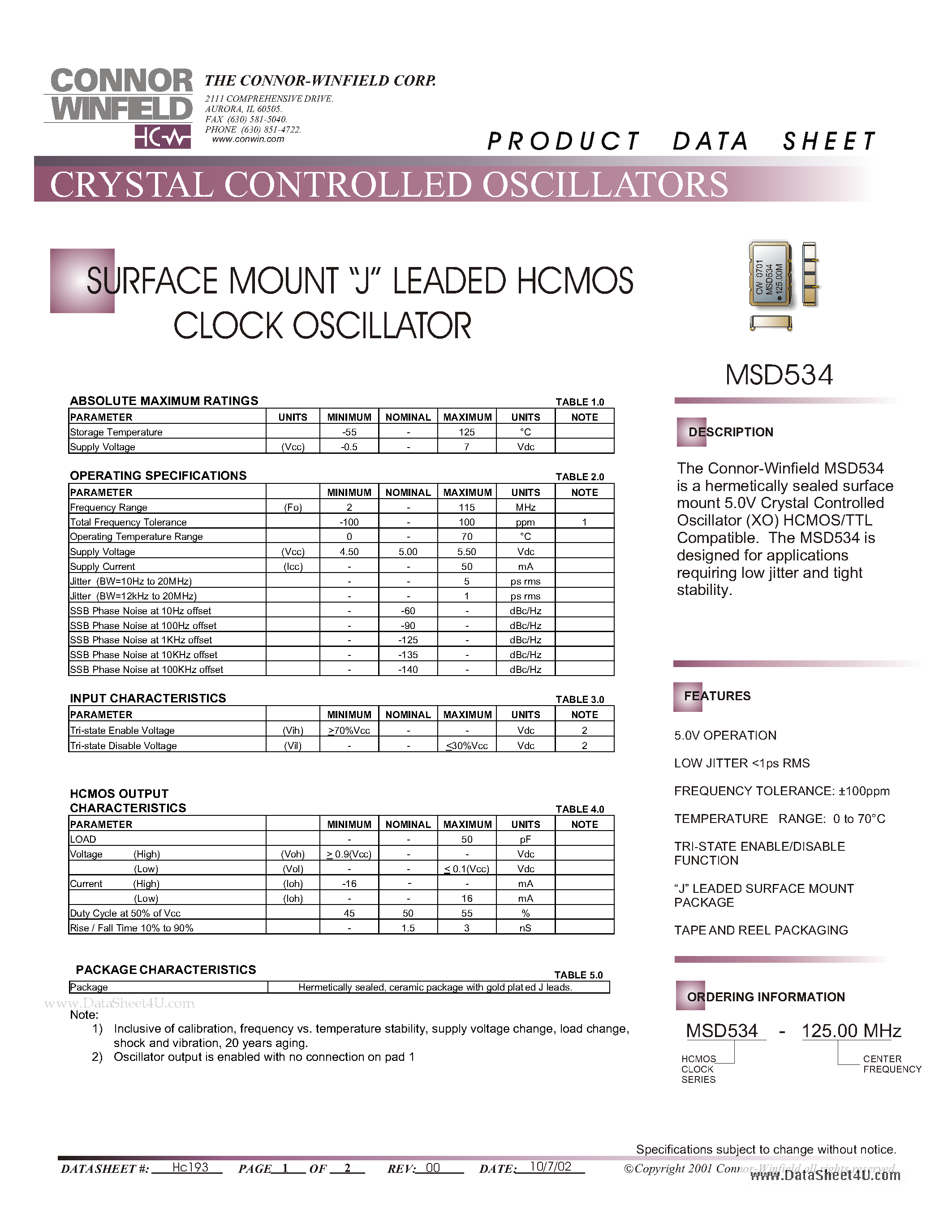 Даташит MSD534 - SURFACE MOUNT J LEADED HCMOS CLOCK OSCILLATOR страница 1