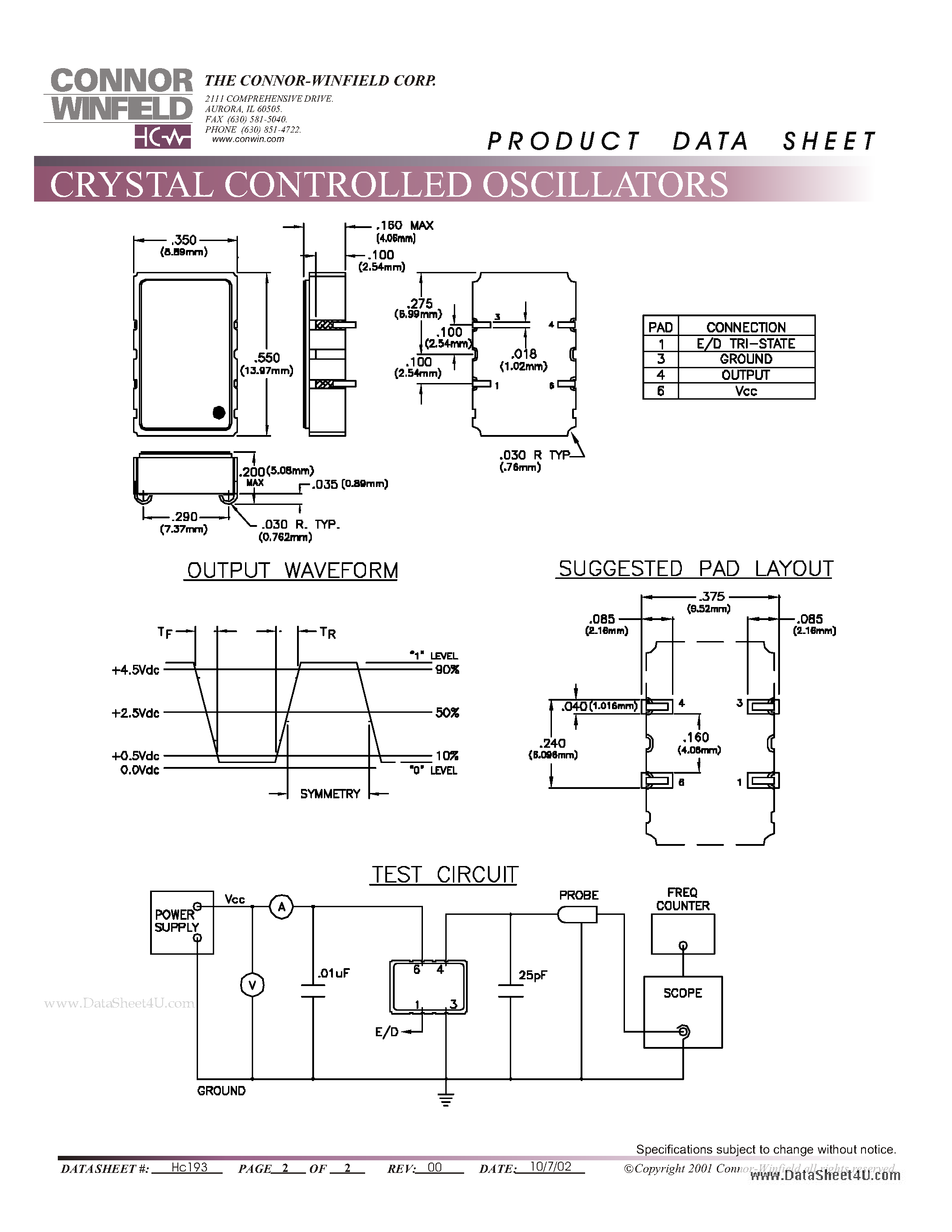 Даташит MSD534 - SURFACE MOUNT J LEADED HCMOS CLOCK OSCILLATOR страница 2