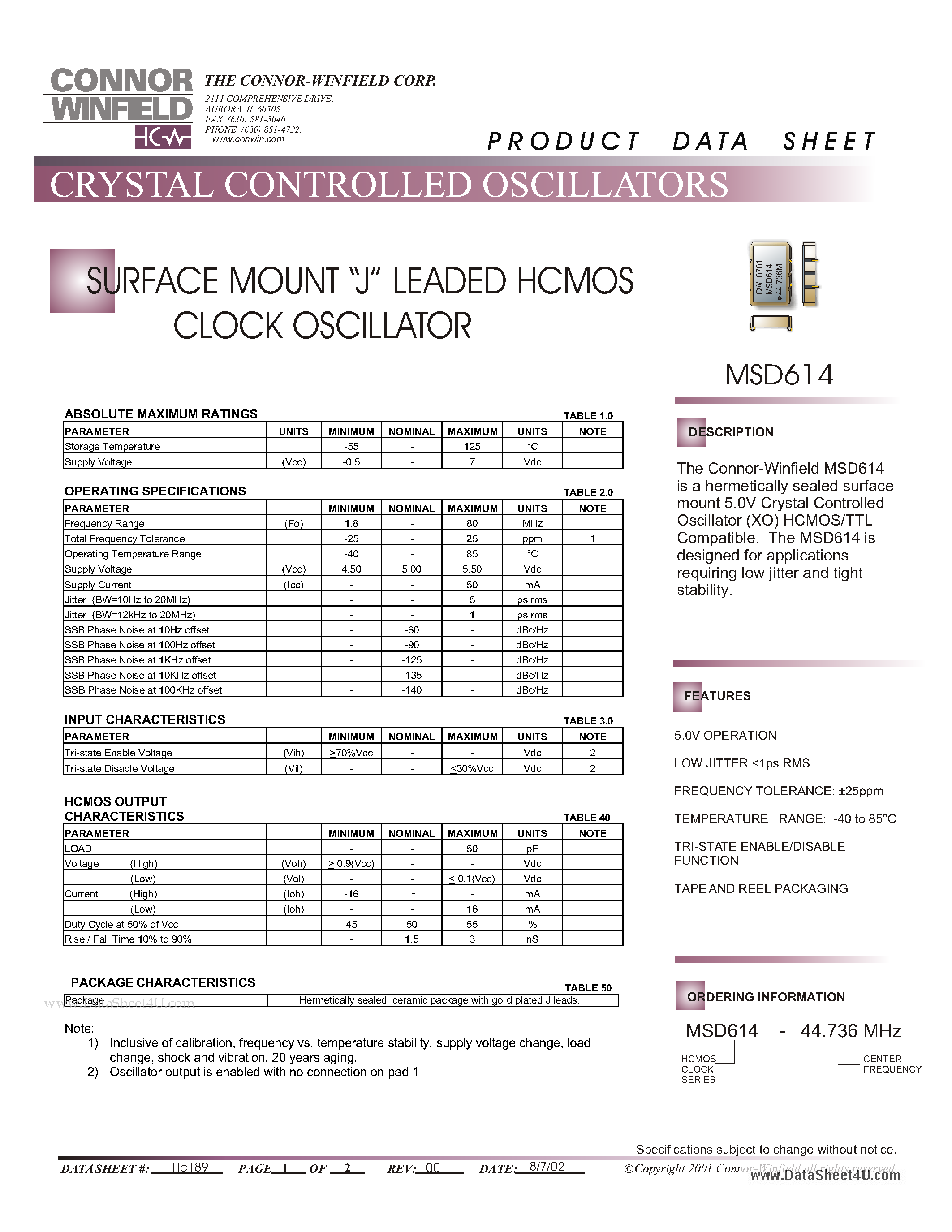 Даташит MSD614 - SURFACE MOUNT J LEADED HCMOS CLOCK OSCILLATOR страница 1