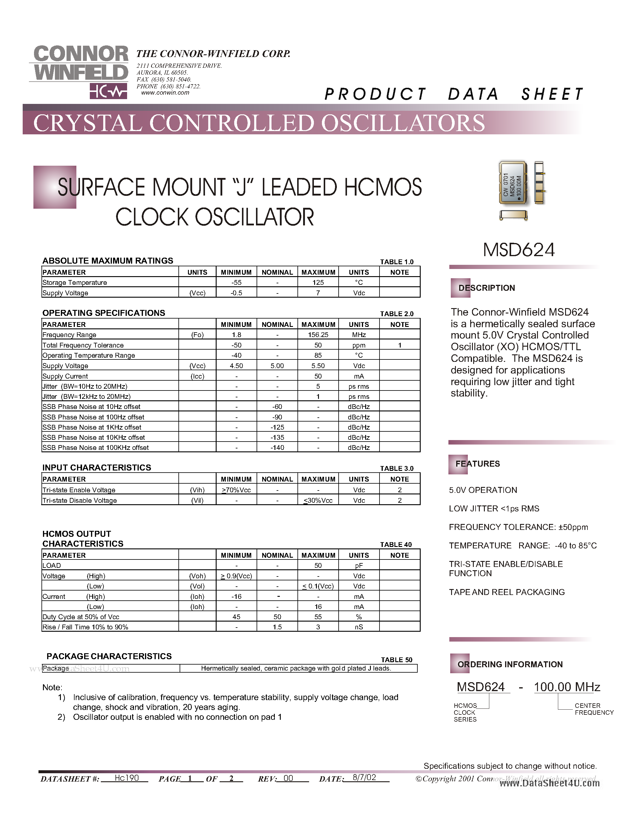 Даташит MSD624 - SURFACE MOUNT J LEADED HCMOS CLOCK OSCILLATOR страница 1