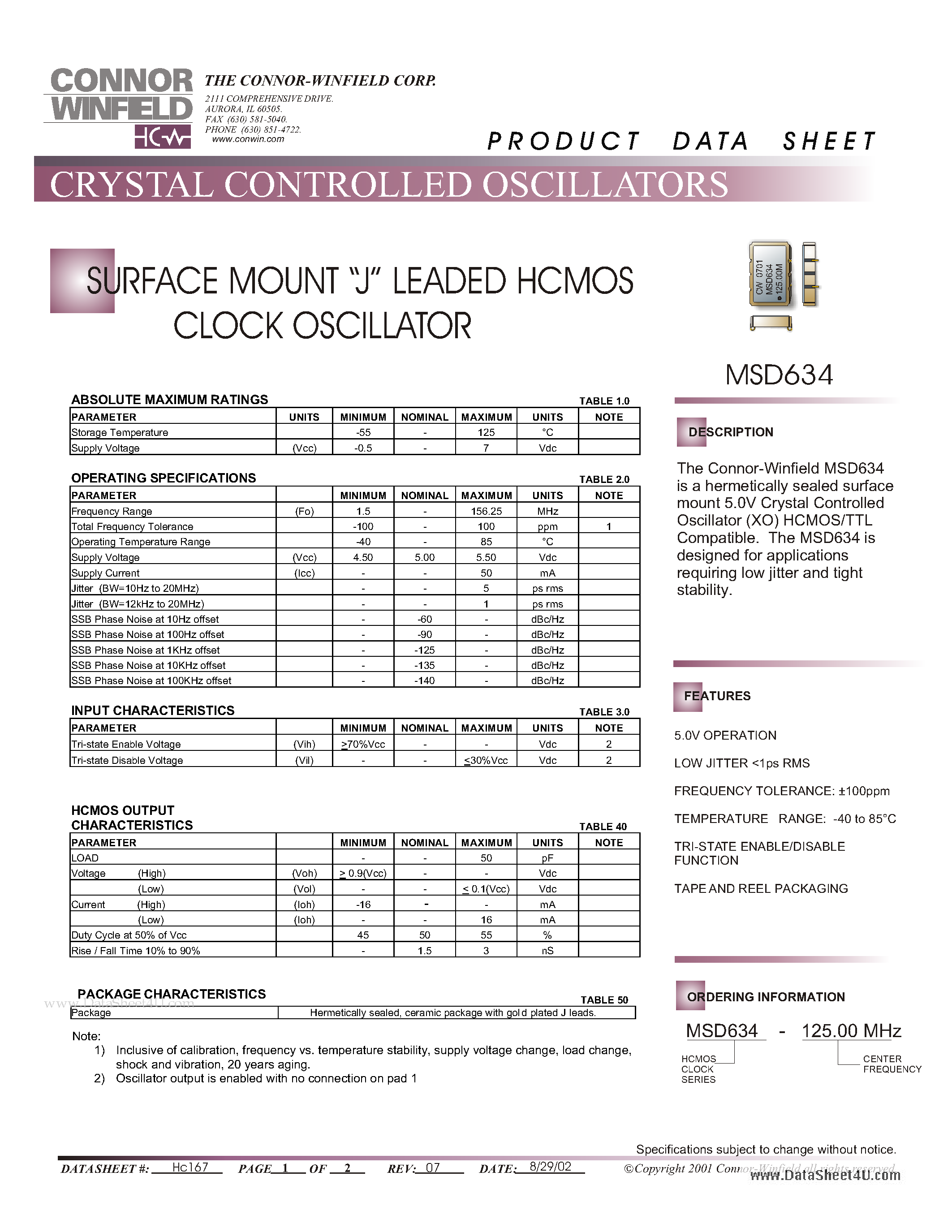 Даташит MSD634 - SURFACE MOUNT J LEADED HCMOS CLOCK OSCILLATOR страница 1