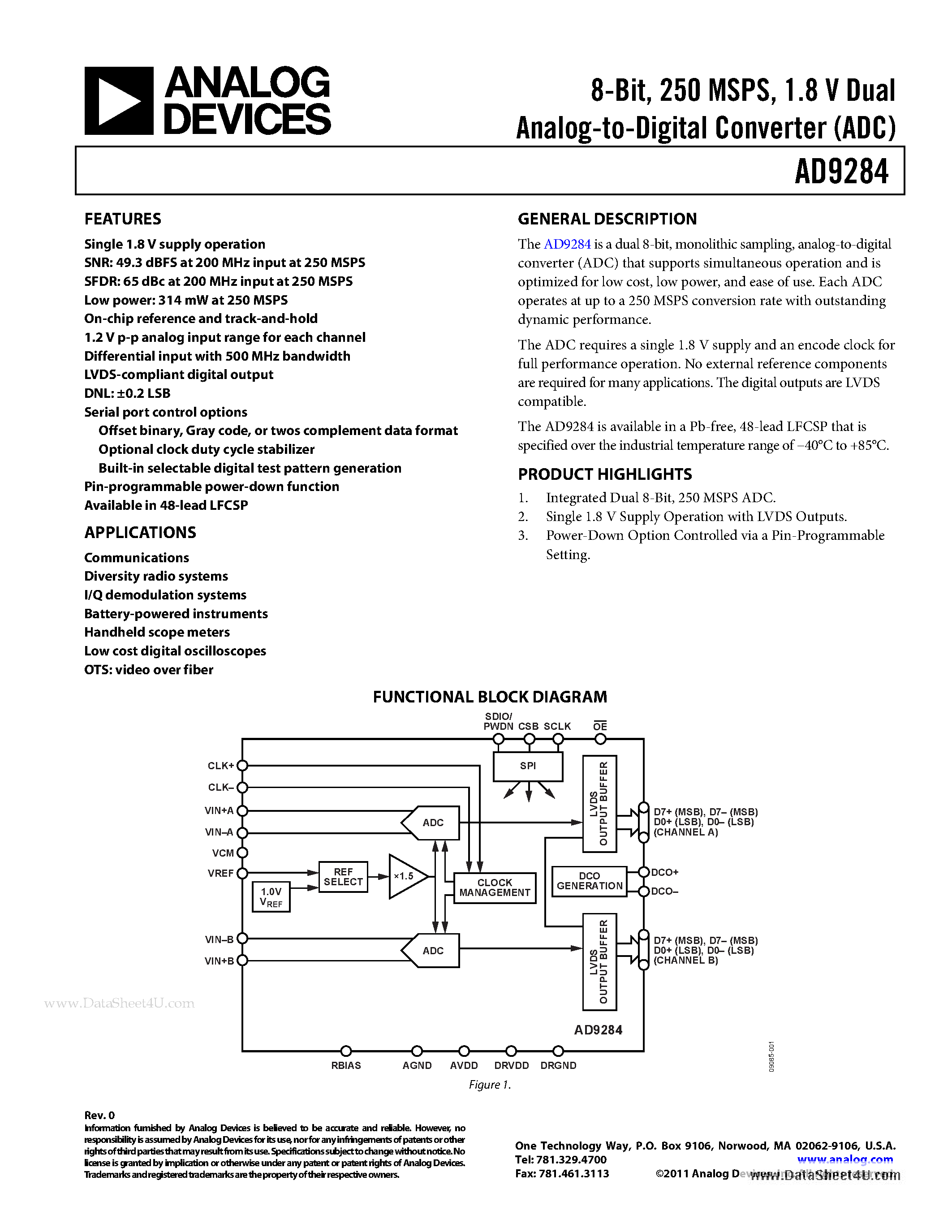 Datasheet AD9284 - 1.8 V Dual Analog-to-Digital Converter (ADC) page 1