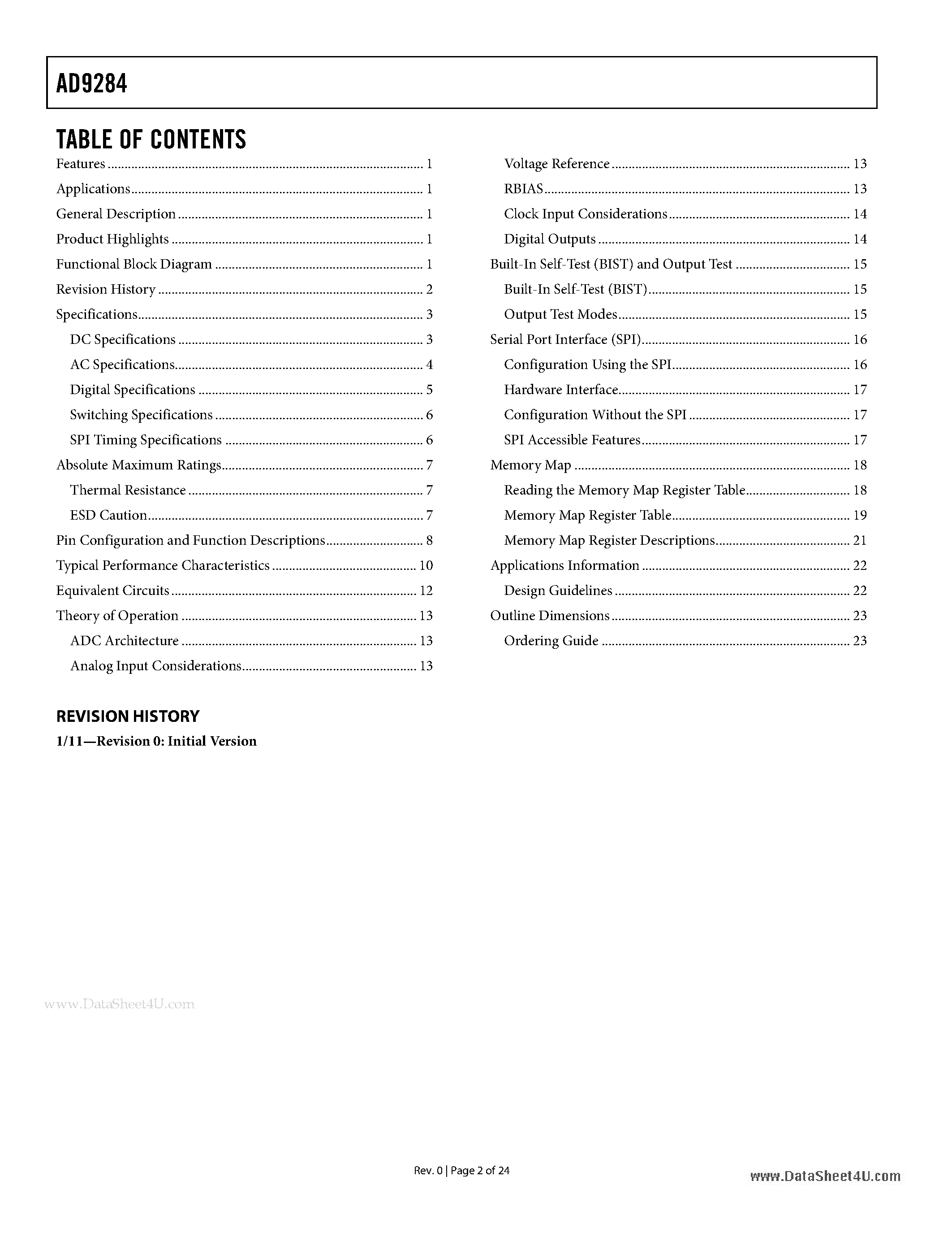 Datasheet AD9284 - 1.8 V Dual Analog-to-Digital Converter (ADC) page 2