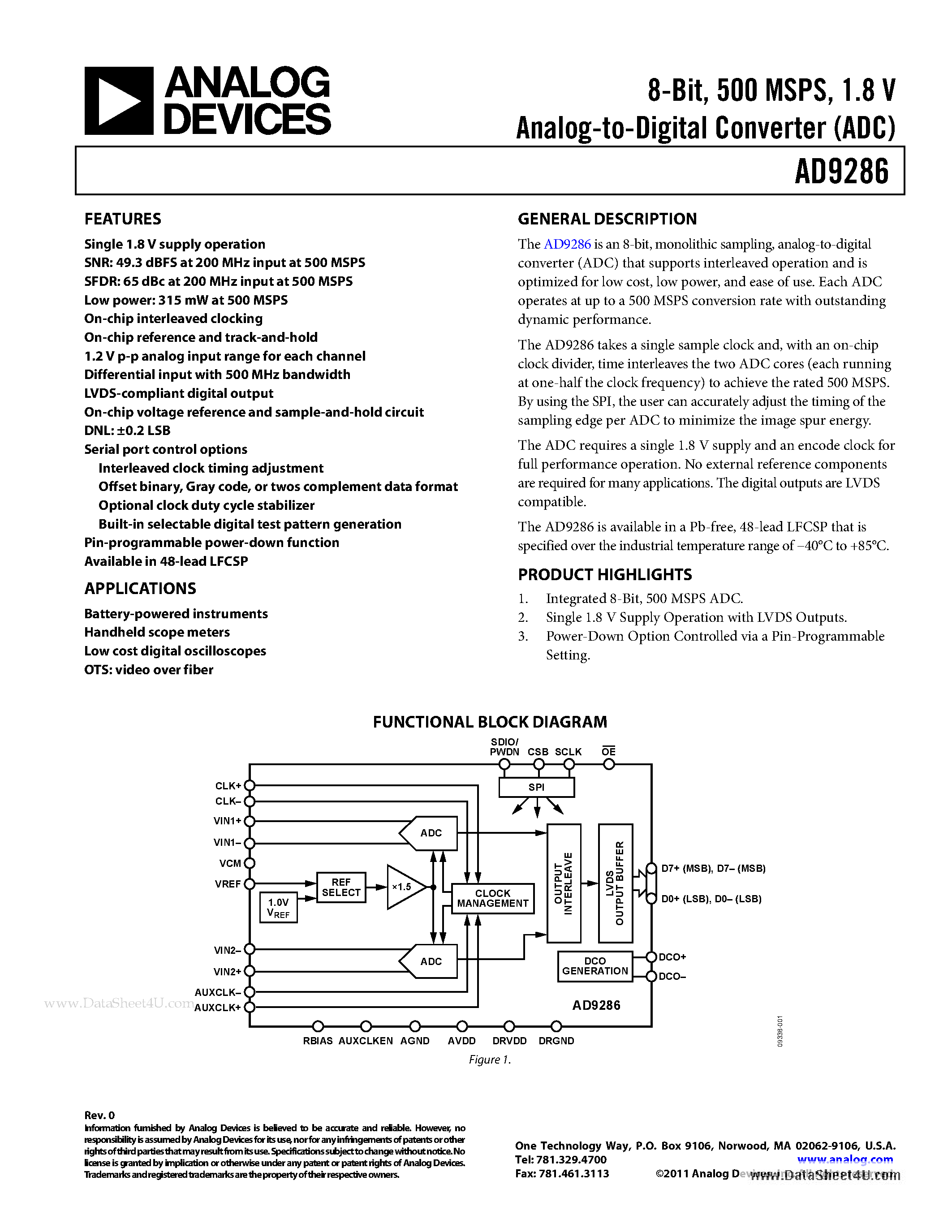 Datasheet AD9286 - 1.8 V Dual Analog-to-Digital Converter (ADC) page 1