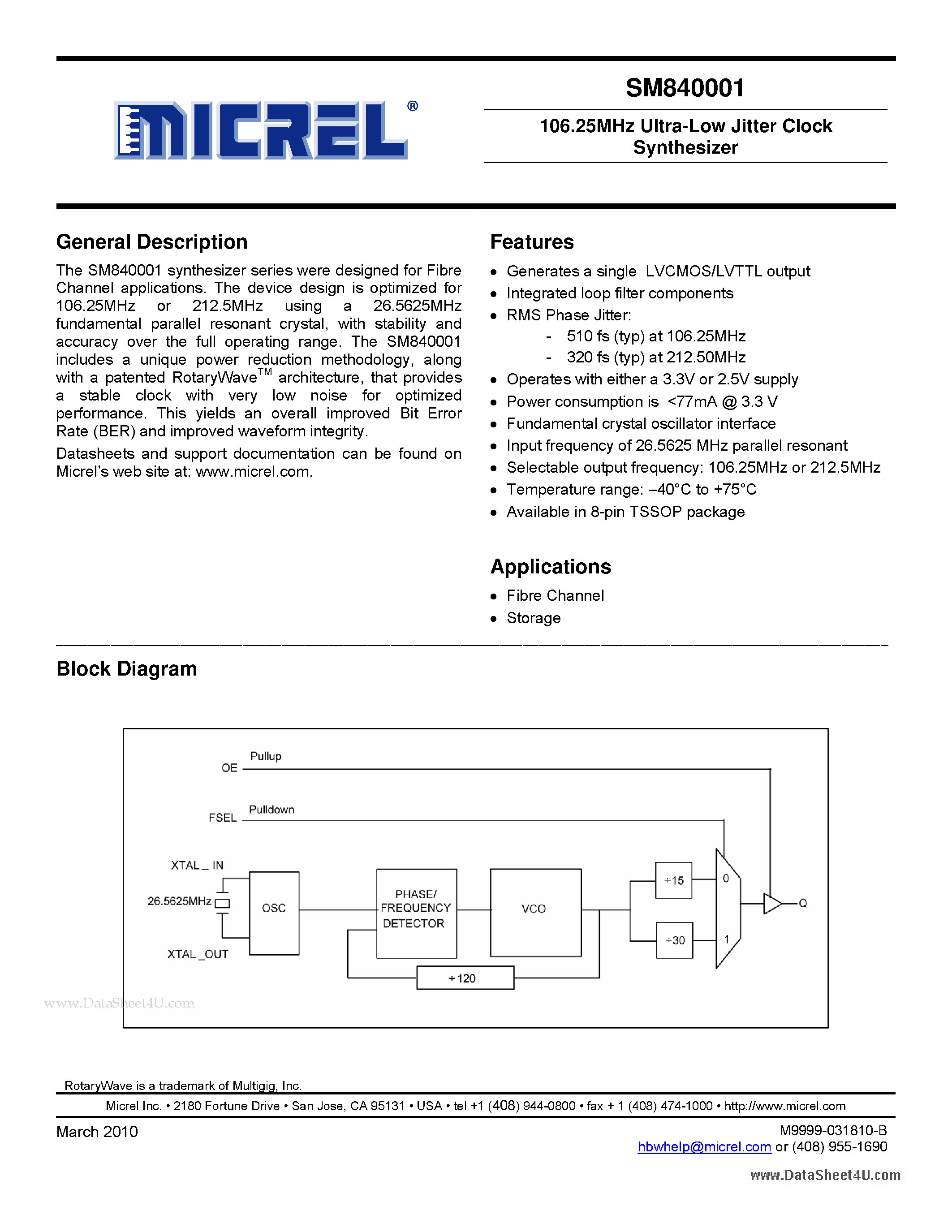 Datasheet SM840001 - 106.25MHz Ultra-Low Jitter Clock Synthesizer page 1