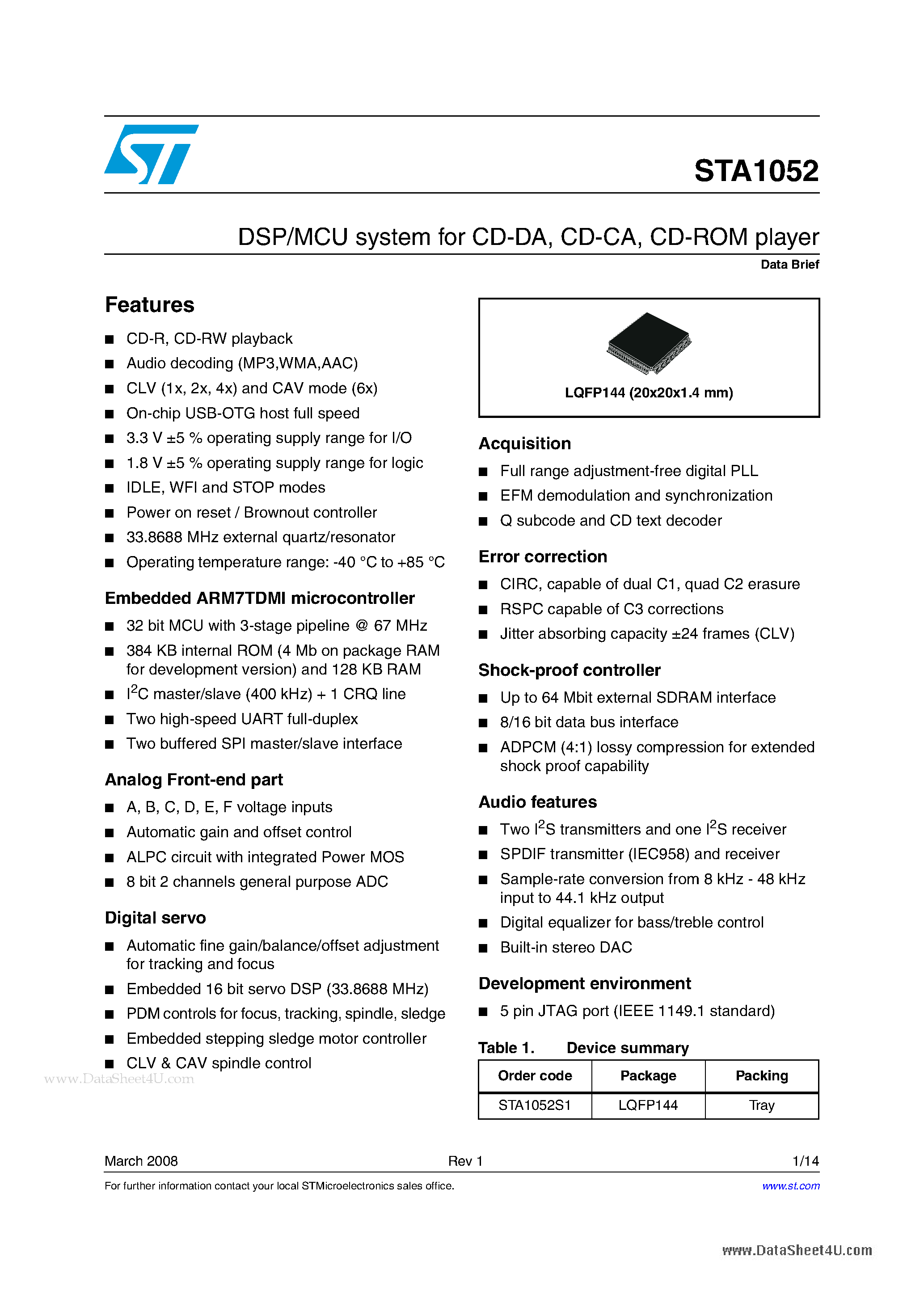 Datasheet STA1052 - DSP/MCU system page 1