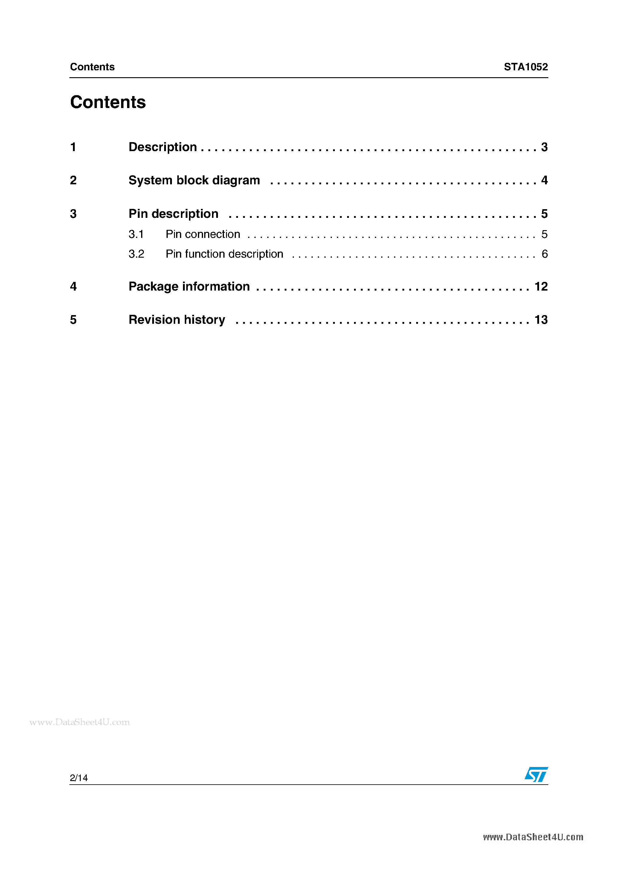 Datasheet STA1052 - DSP/MCU system page 2