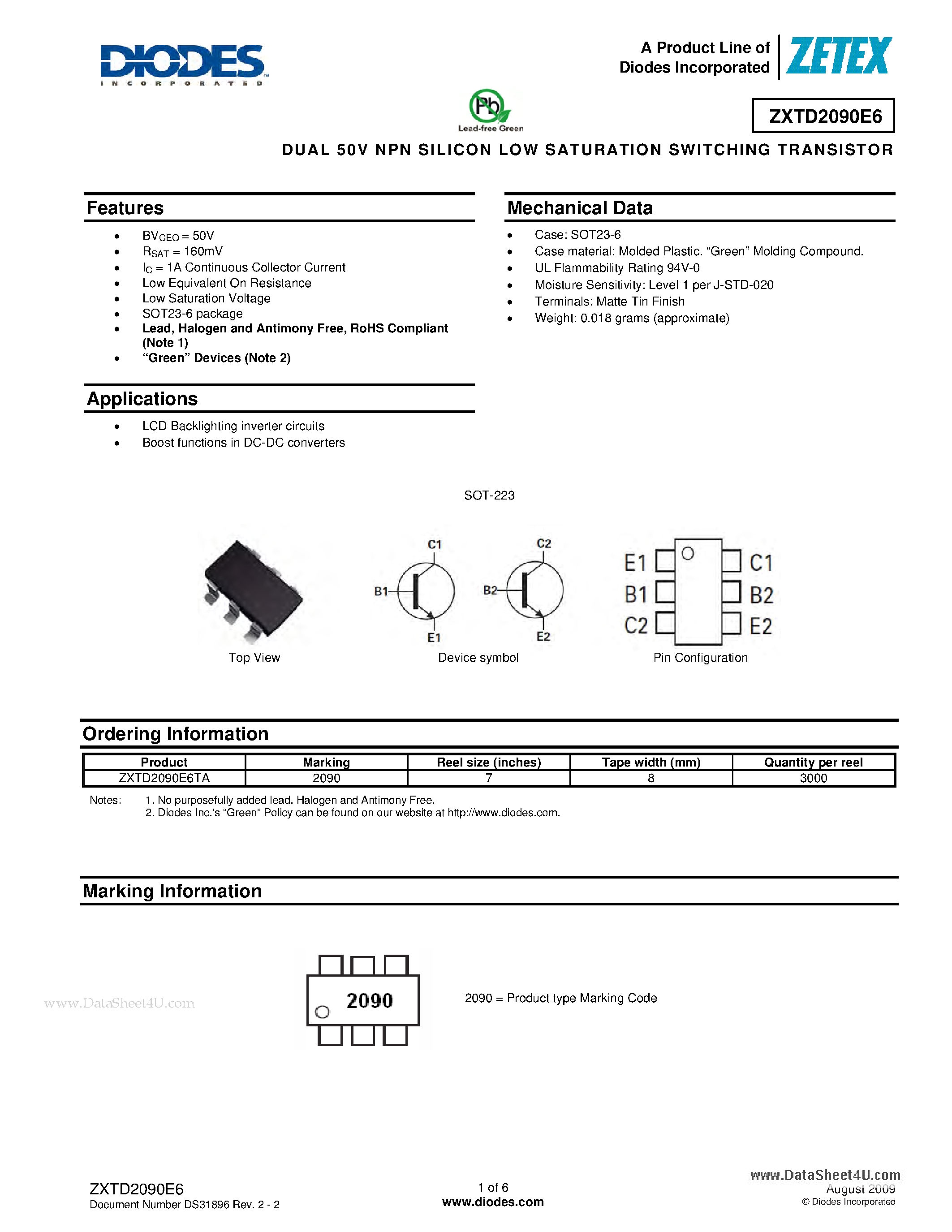 Datasheet ZXTD2090E6 - DUAL 50V NPN SILICON LOW SATURATION SWITCHING TRANSISTOR page 1