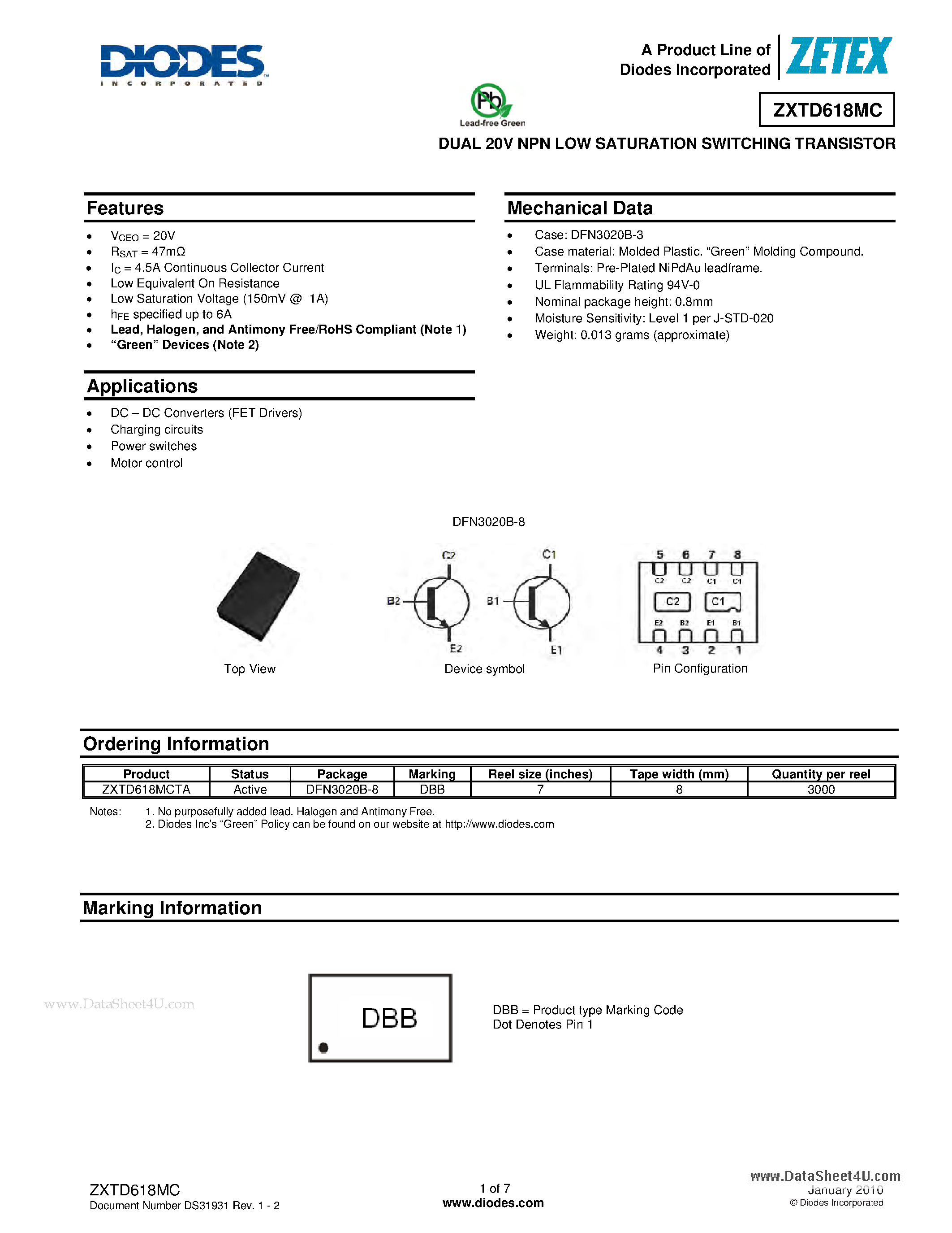 Даташит ZXTD618MC - DUAL 20V NPN LOW SATURATION SWITCHING TRANSISTOR страница 1