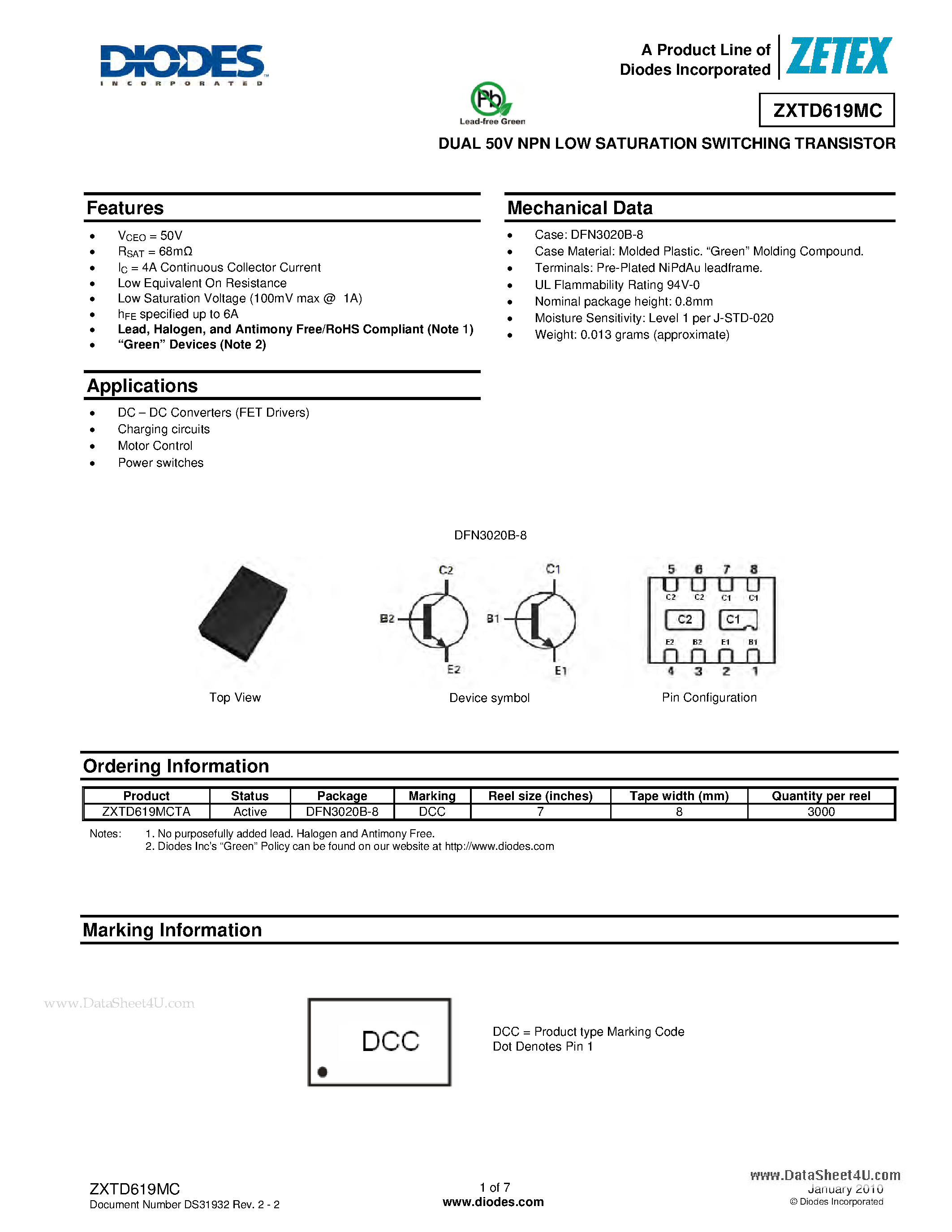 Datasheet ZXTD619MC - DUAL 50V NPN LOW SATURATION SWITCHING TRANSISTOR page 1