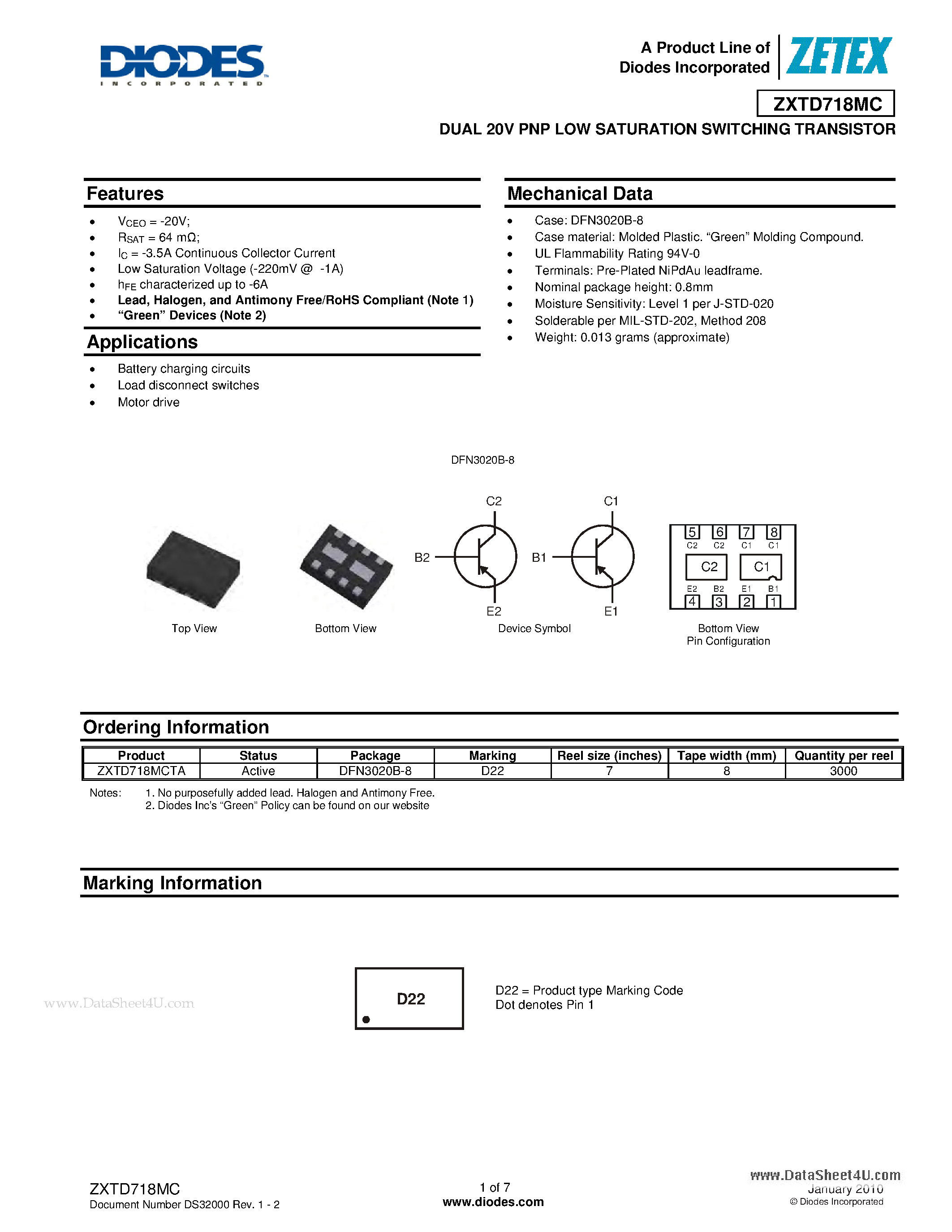 Datasheet ZXTD718MC - DUAL 20V PNP LOW SATURATION SWITCHING TRANSISTOR page 1