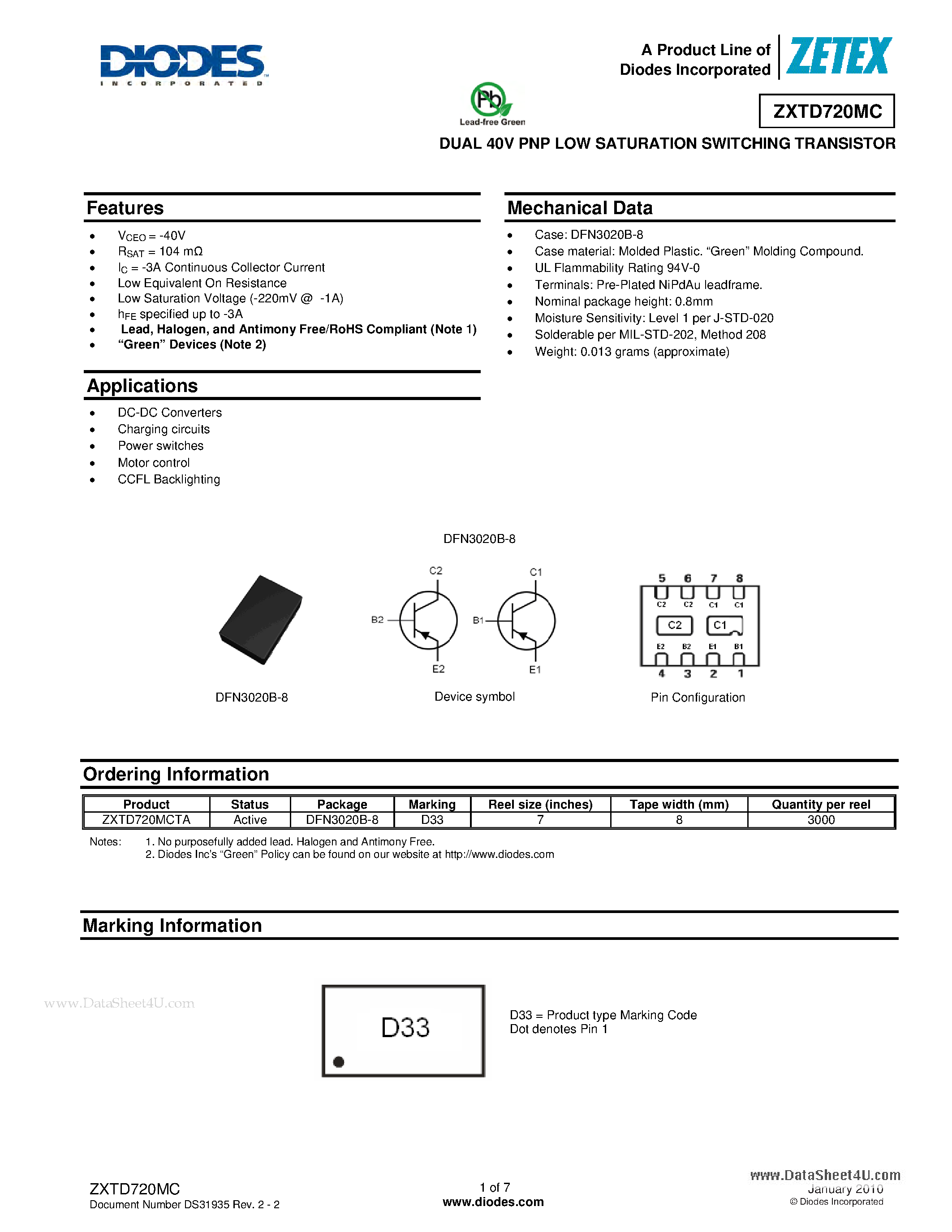 Даташит ZXTD720MC - DUAL 40V PNP LOW SATURATION SWITCHING TRANSISTOR страница 1