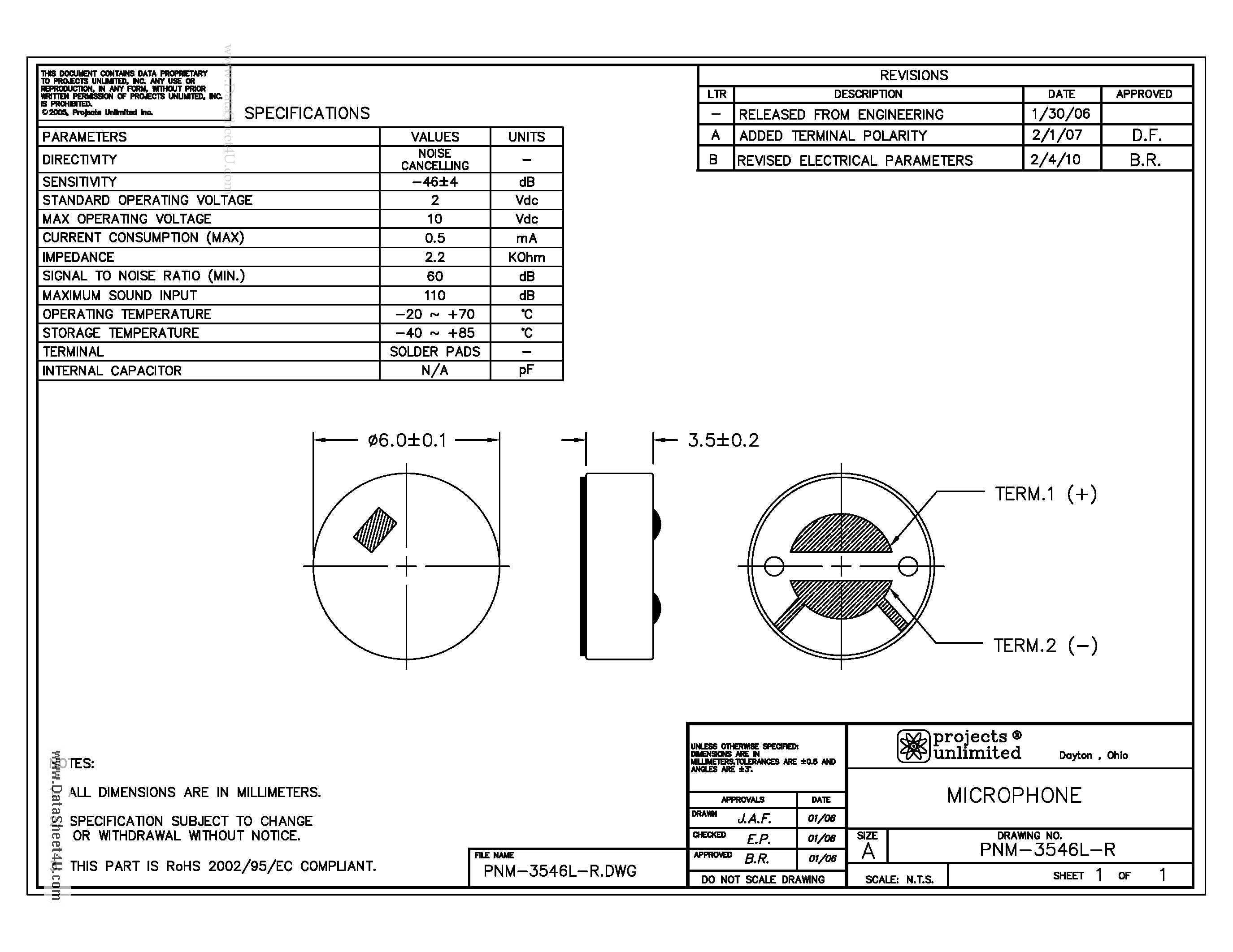 Datasheet PNM-3546L-R - MICROPHONE page 1