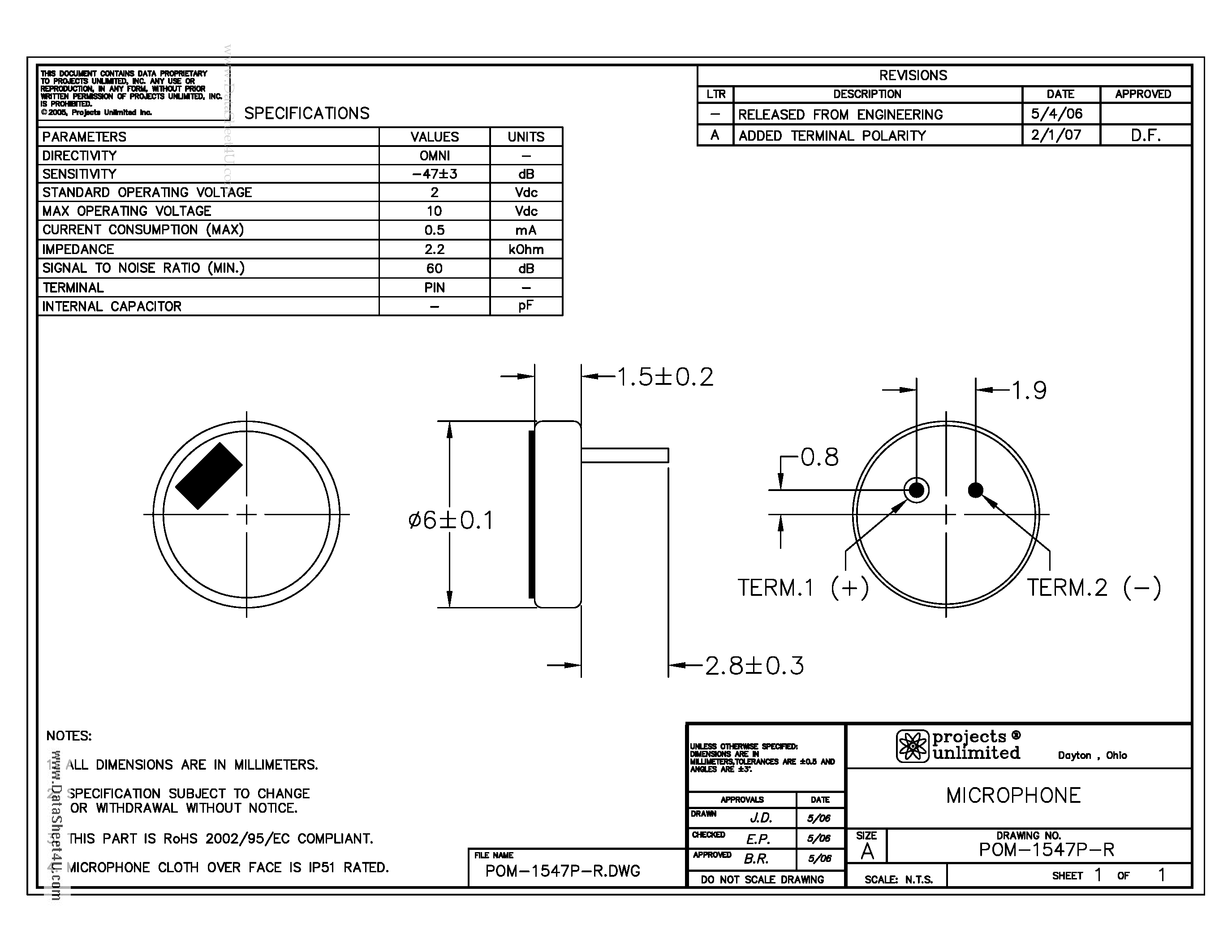 Datasheet POM-1547P-R - MICROPHONE page 1