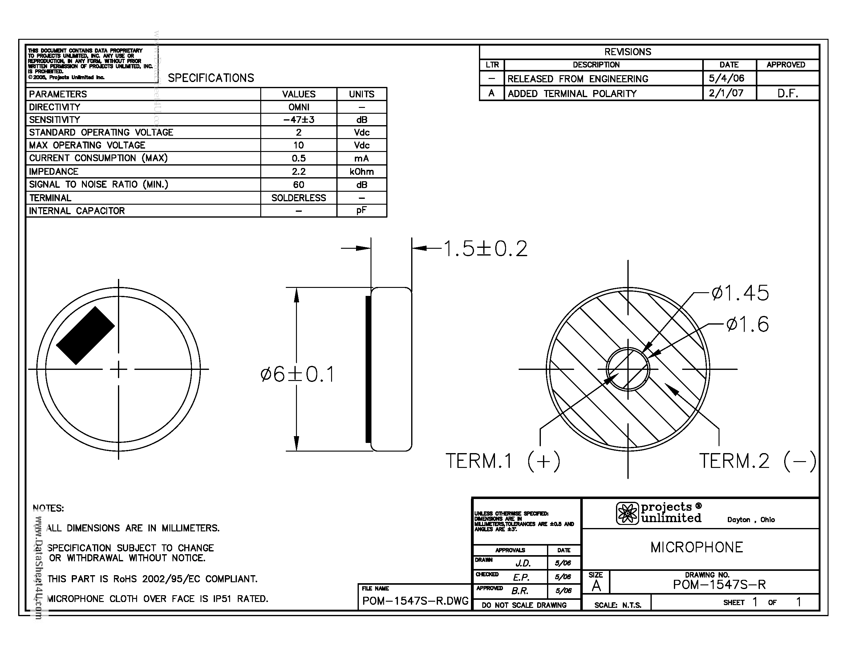 Datasheet POM-1547S-R - MICROPHONE page 1