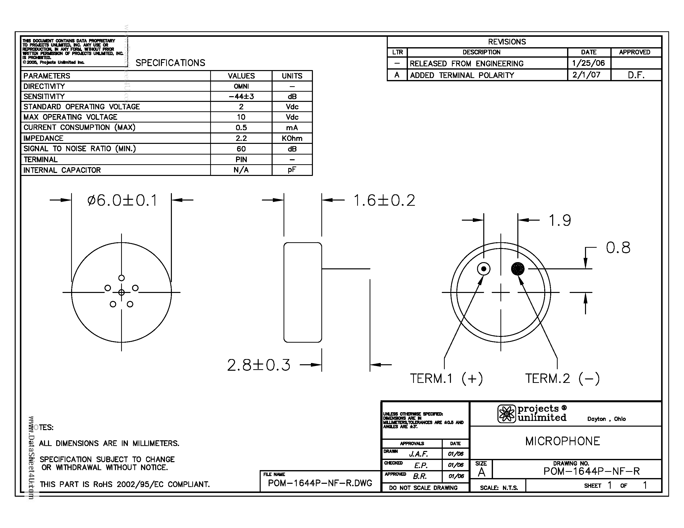 Datasheet POM-1644P-NF-R - MICROPHONE page 1