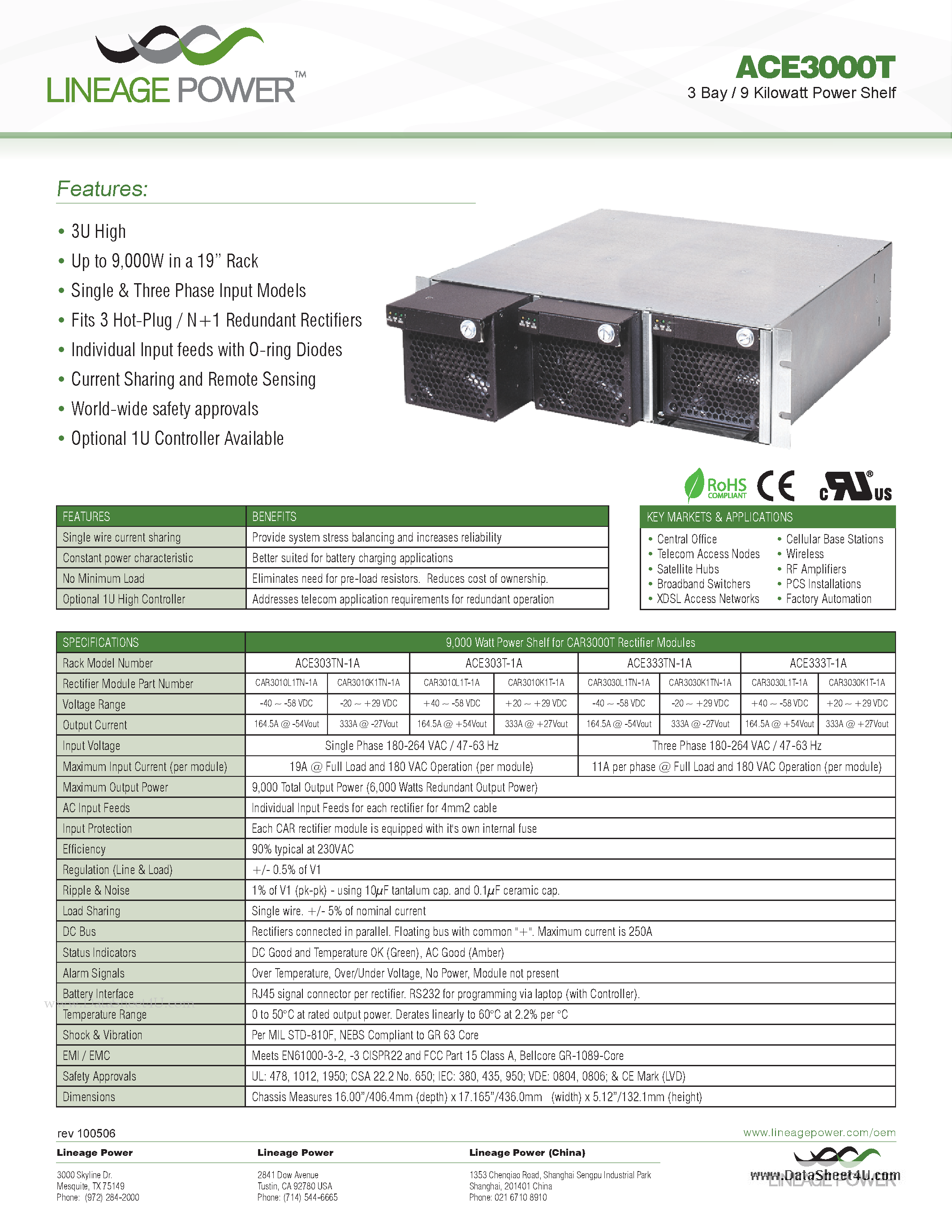 Datasheet ACE3000T - 3 Bay / 9 Kilowatt Power Shelf page 1