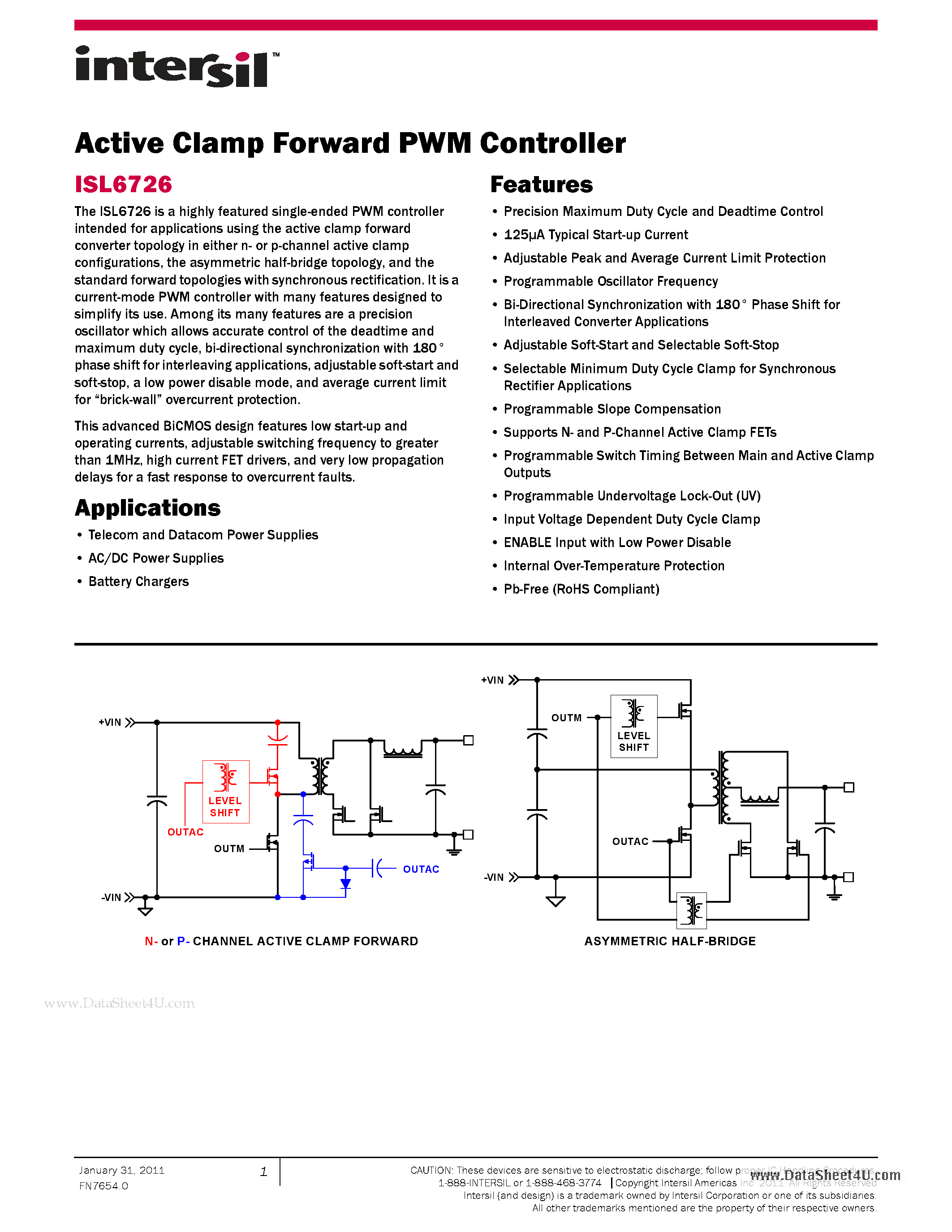 Datasheet ISL6726 - Active Clamp Forward PWM Controller page 1