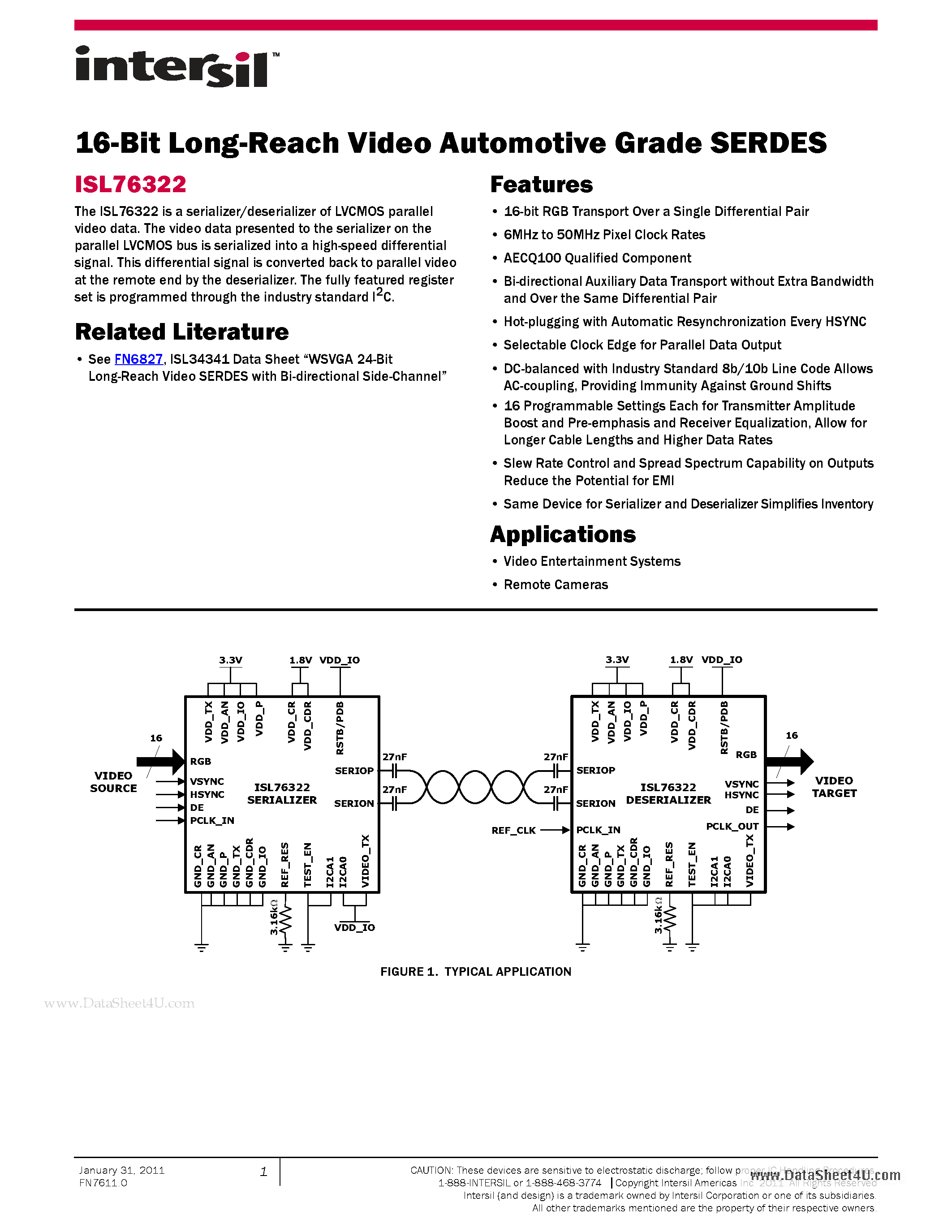 Datasheet ISL76322 - 16-Bit Long-Reach Video Automotive Grade SERDES page 1