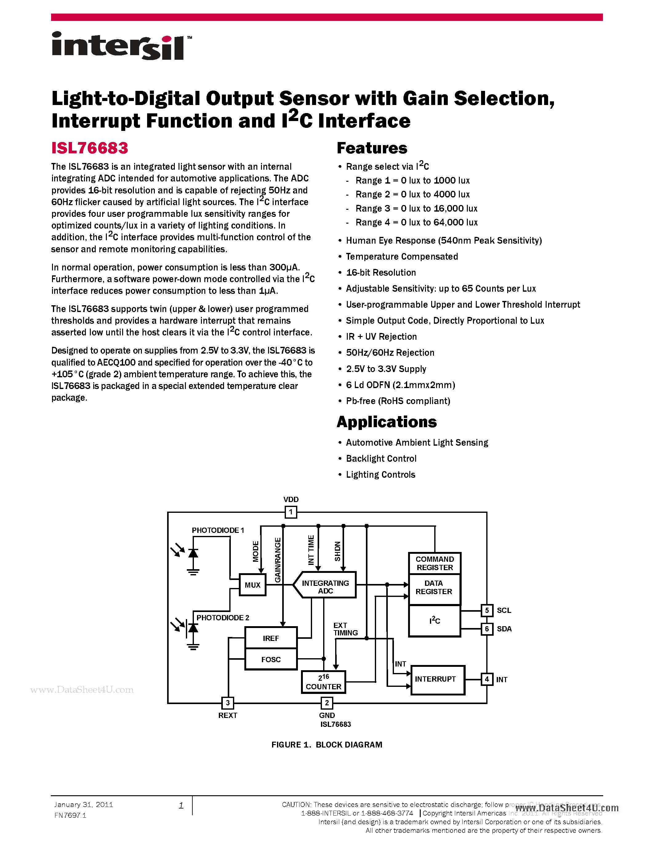 Datasheet ISL76683 - Light-to-Digital Output Sensor page 1