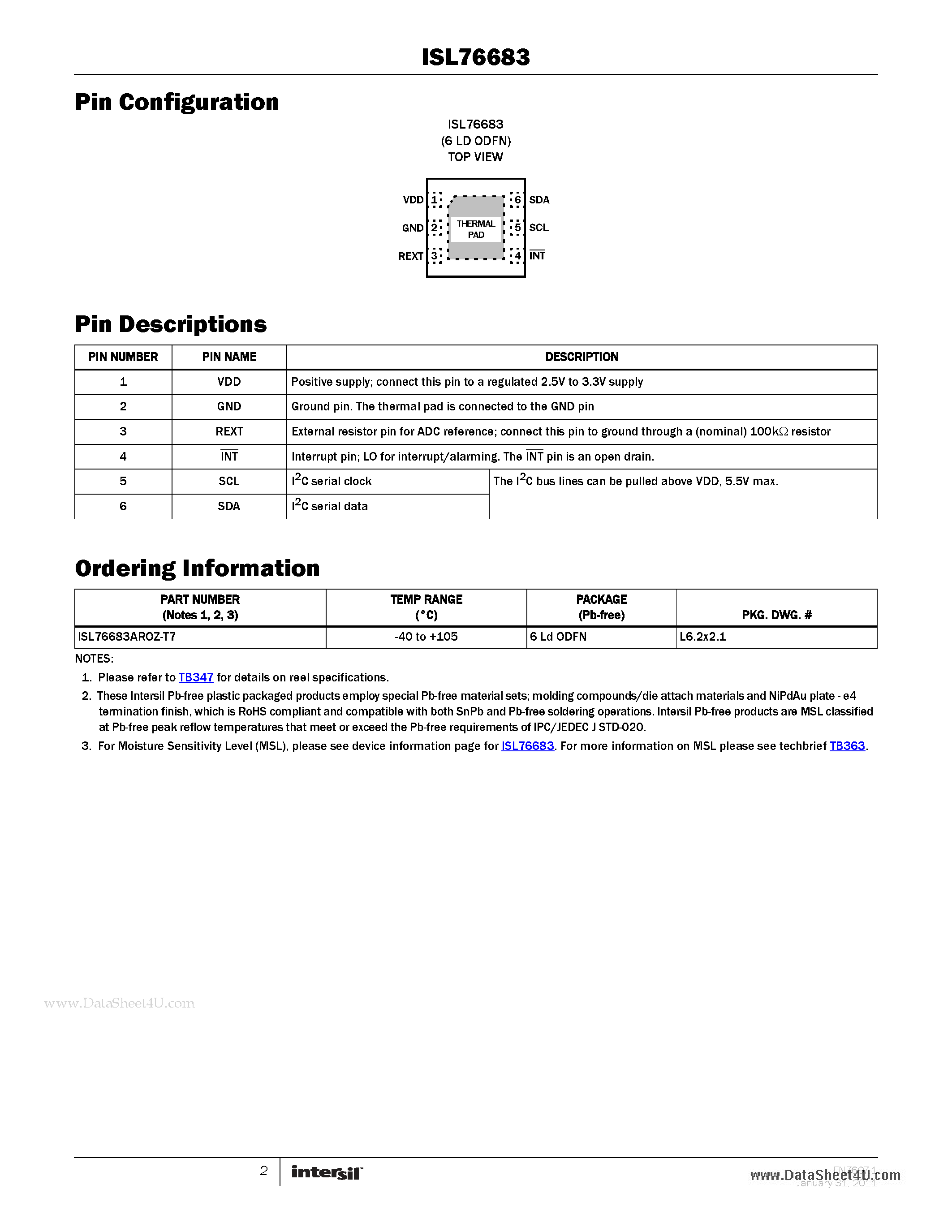 Datasheet ISL76683 - Light-to-Digital Output Sensor page 2