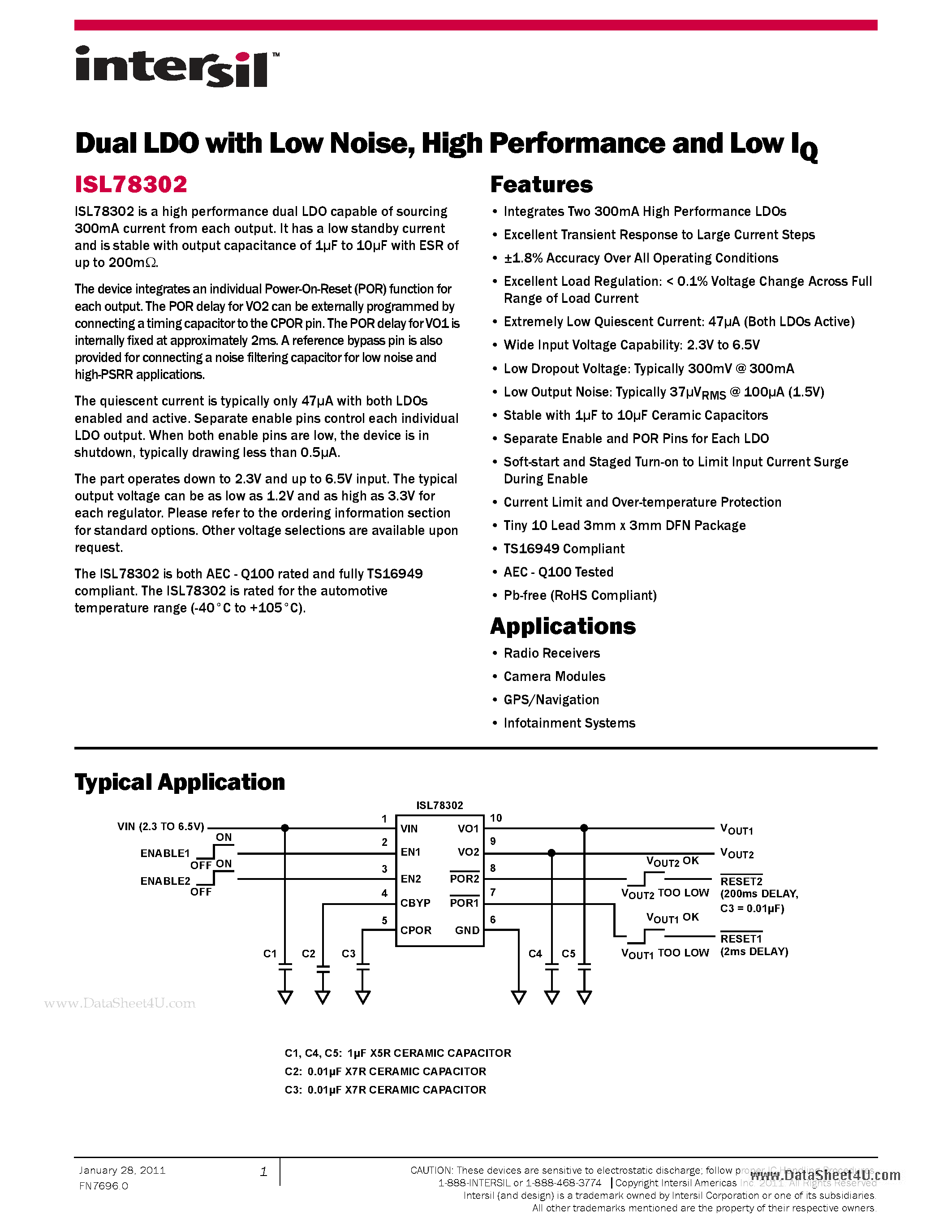 Datasheet ISL78302 - Dual LDO page 1