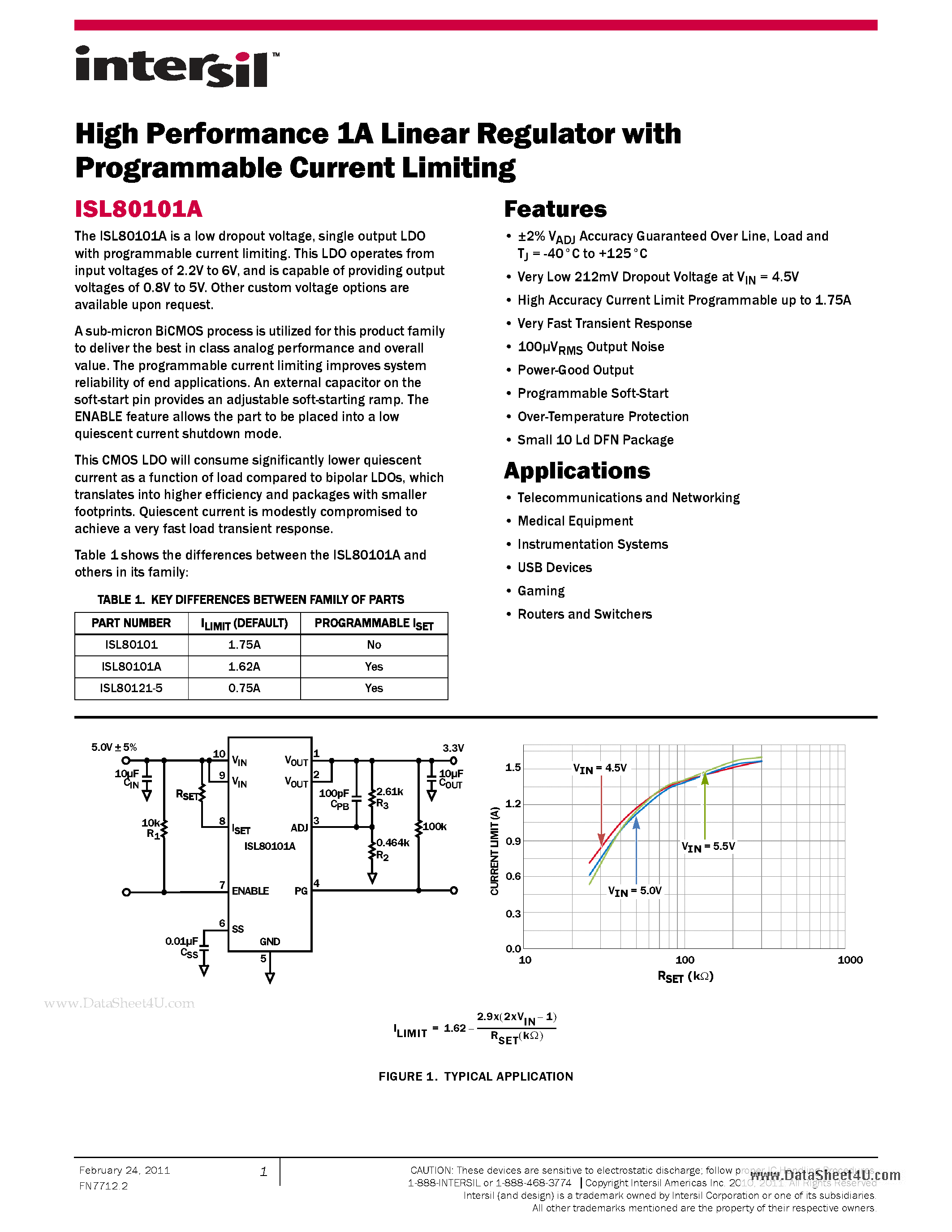 Datasheet ISL80101A - High Performance 1A Linear Regulator page 1