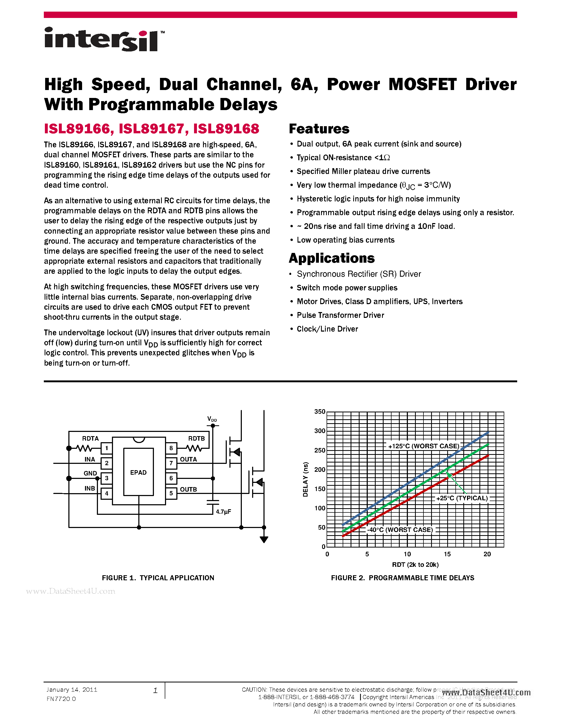 Datasheet ISL89166 - High Speed Dual Channel 6A - Power MOSFET Driver page 1