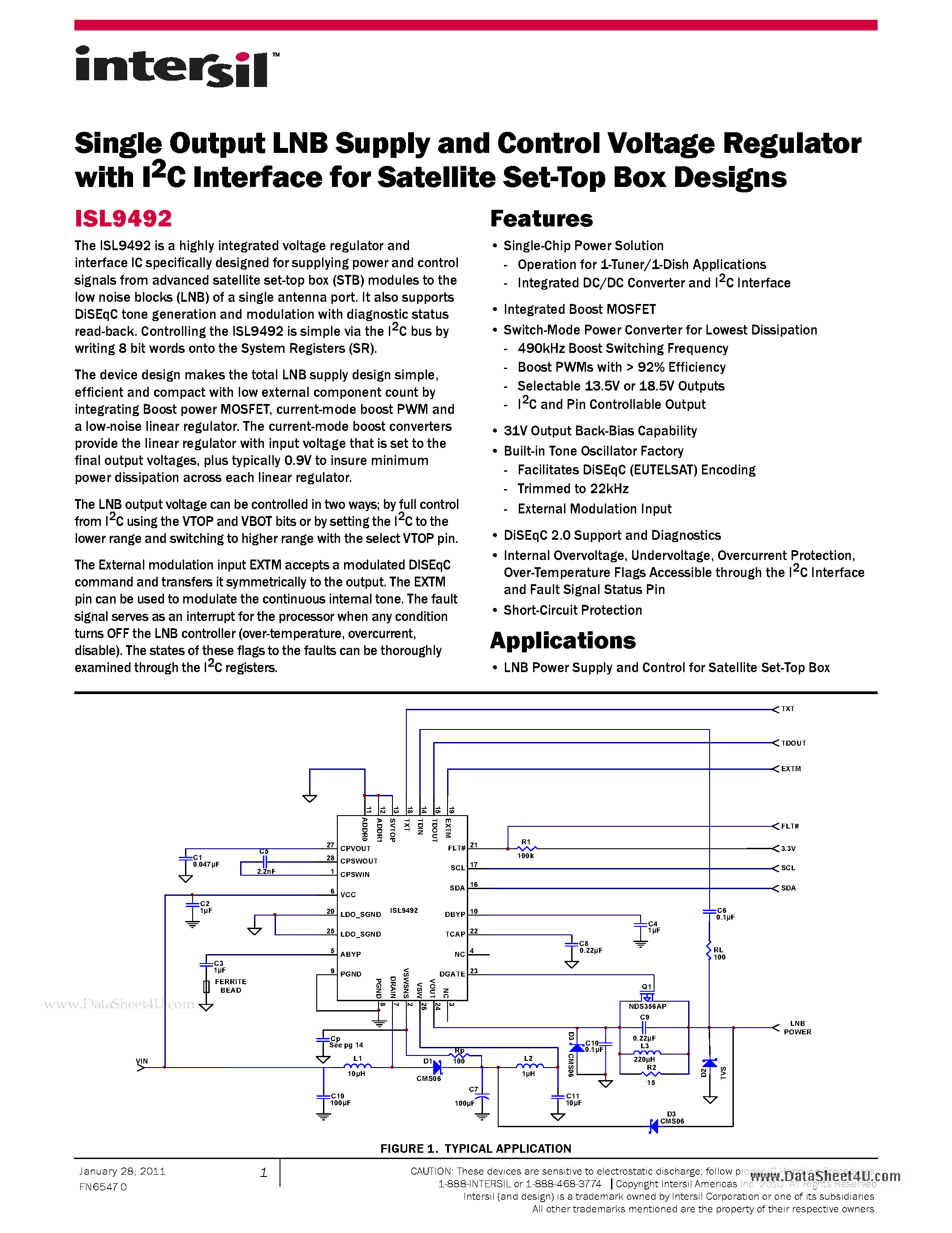 Datasheet ISL9492 - Single Output LNB Supply and Control Voltage Regulator page 1