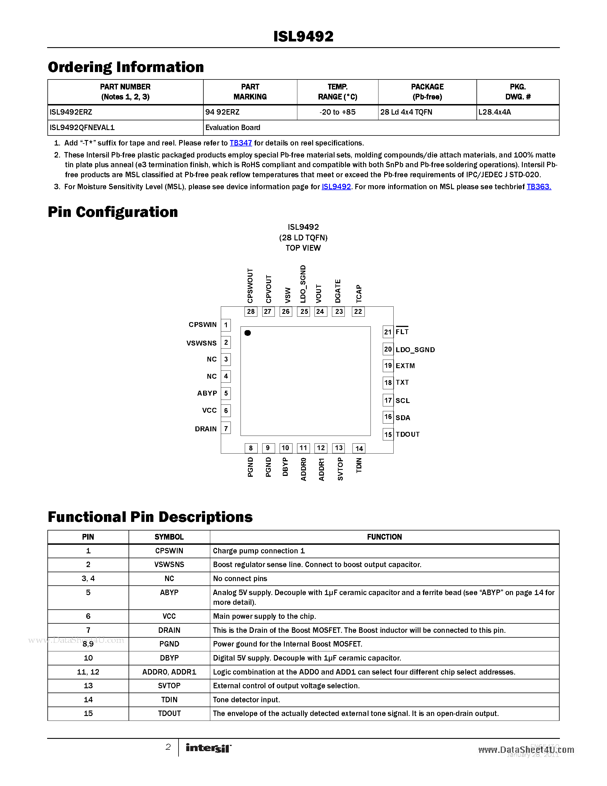 Datasheet ISL9492 - Single Output LNB Supply and Control Voltage Regulator page 2