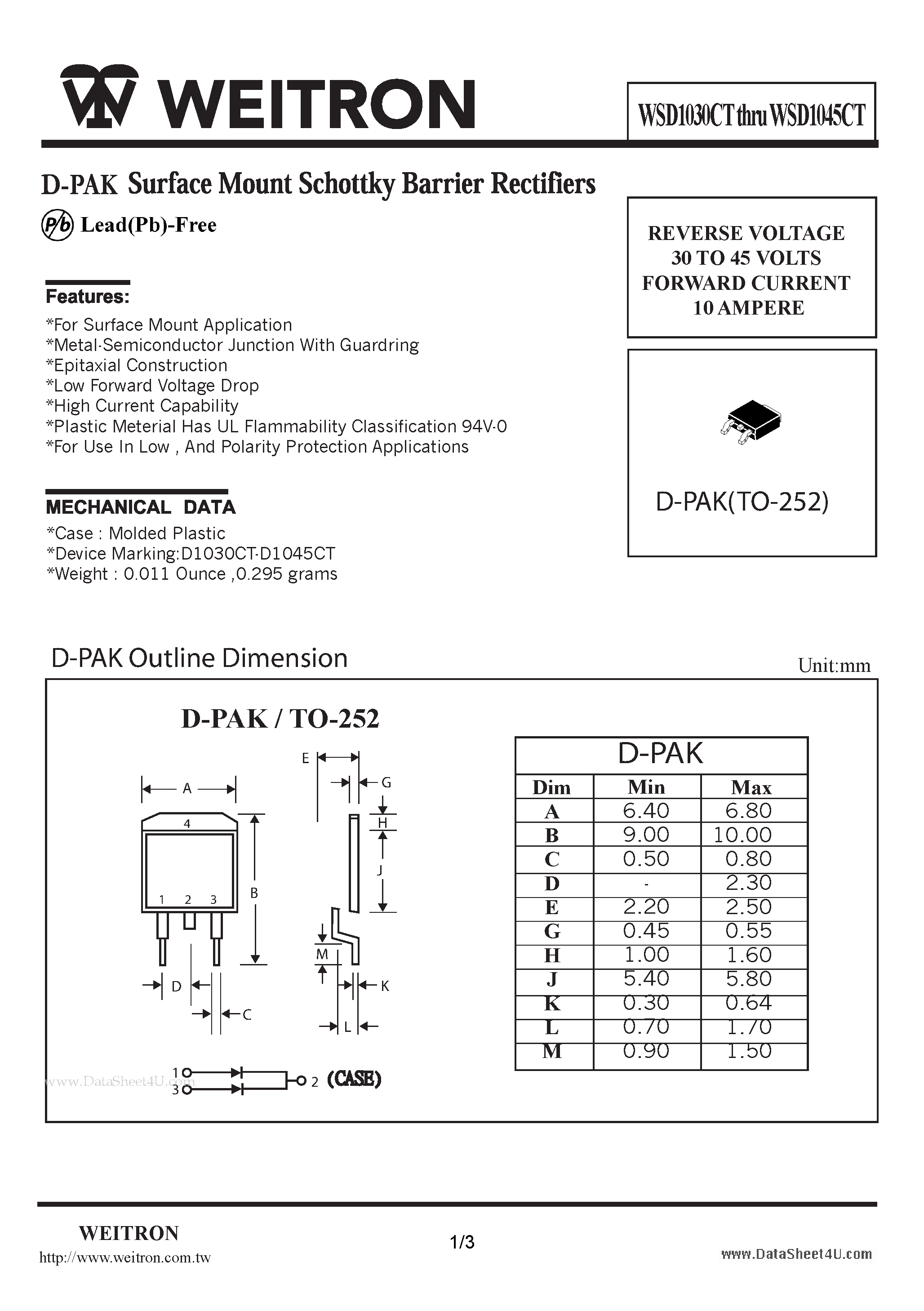 Datasheet WSD1030CT - D-PAK Surface Mount Schottky Barrier Rectifiers page 1