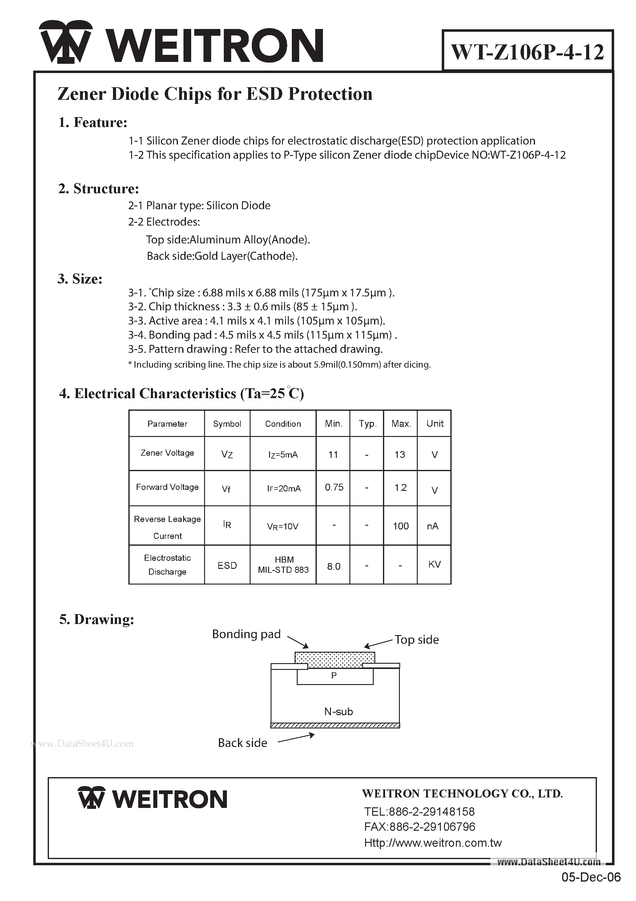 Даташит WT-Z106P-4-12 - Zener Diode Chips страница 1