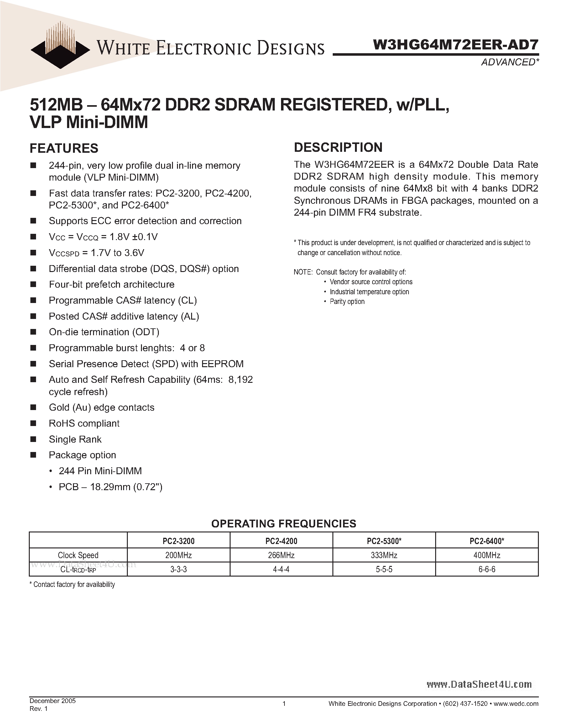 Datasheet W3HG64M72EER-AD7 - 512MB - 64Mx72 DDR2 SDRAM REGISTERED page 1
