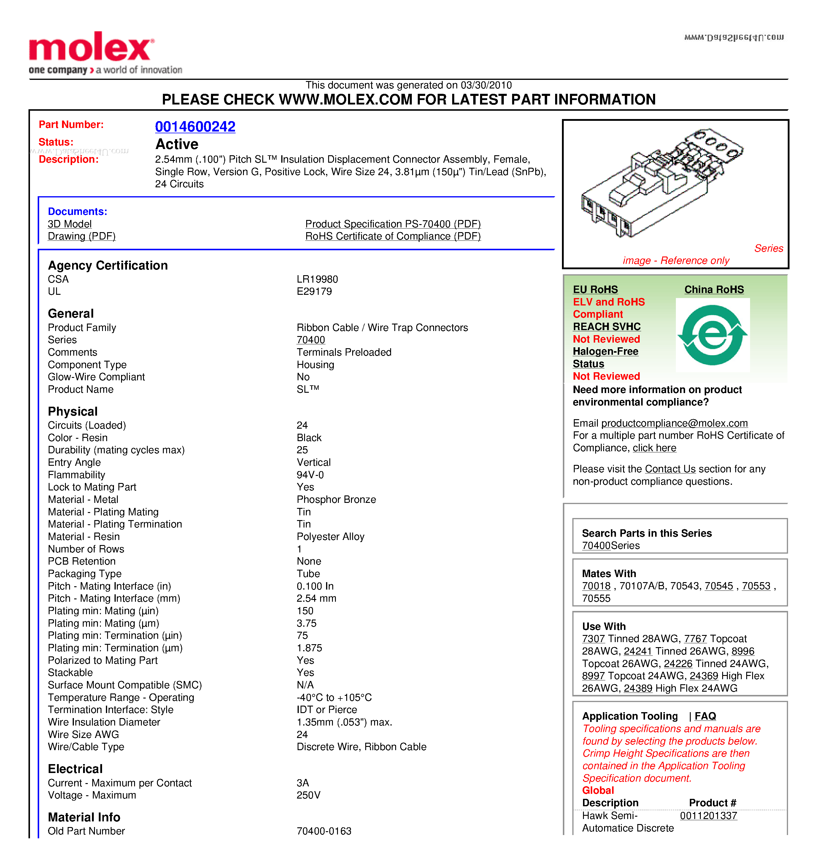 Даташит 70400-0163 - 2.54mm (.100) Pitch SL Insulation Displacement Connector Assembly Female Single Row Version G Positive Lock Wire Size 24 3.81um (150u) Tin/Lead (SnPb) страница 1