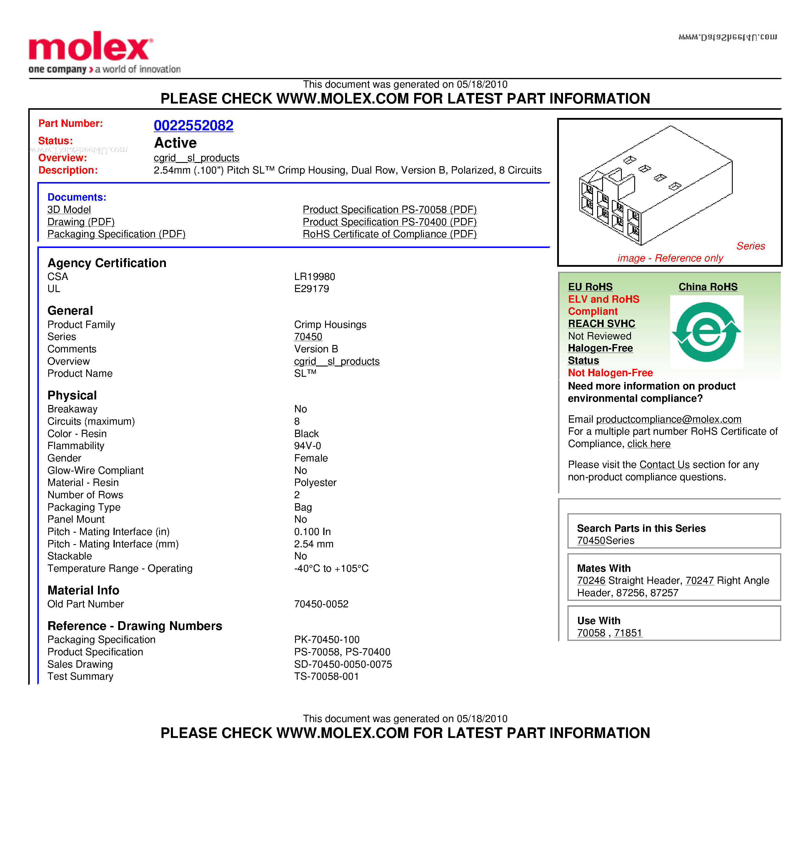 Datasheet 70450-0052 - 2.54mm (.100) Pitch SL Crimp Housing Dual Row Version B Polarized 8 Circuits page 1