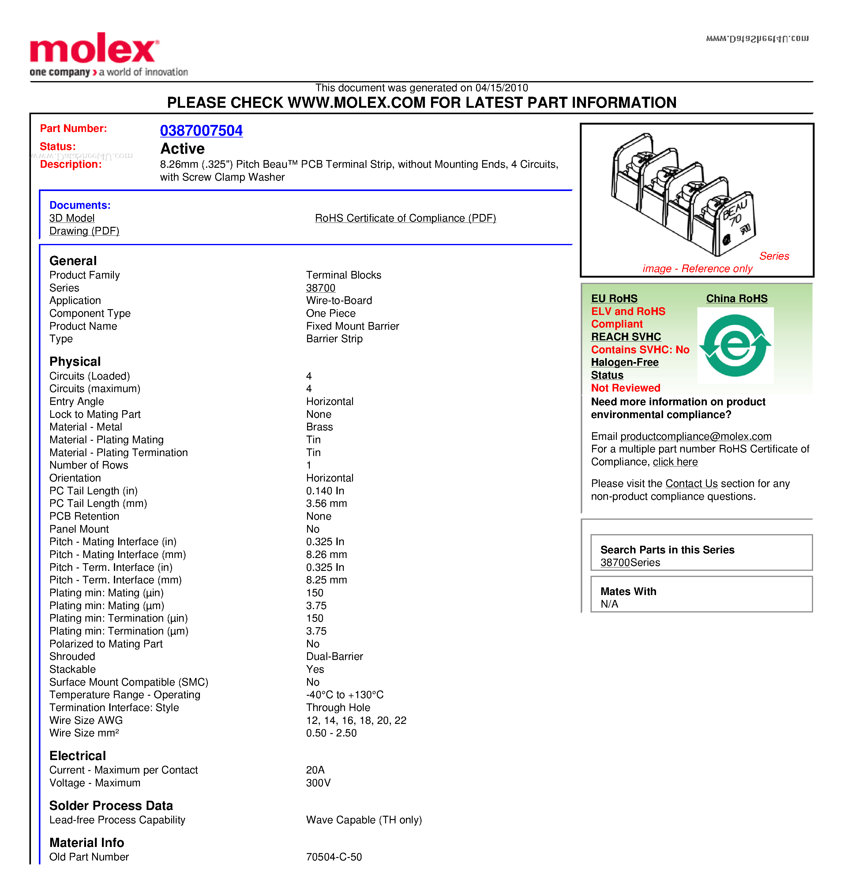 Datasheet 70504-C-50 - 8.26mm (.325) Pitch Beau PCB Terminal Strip page 1