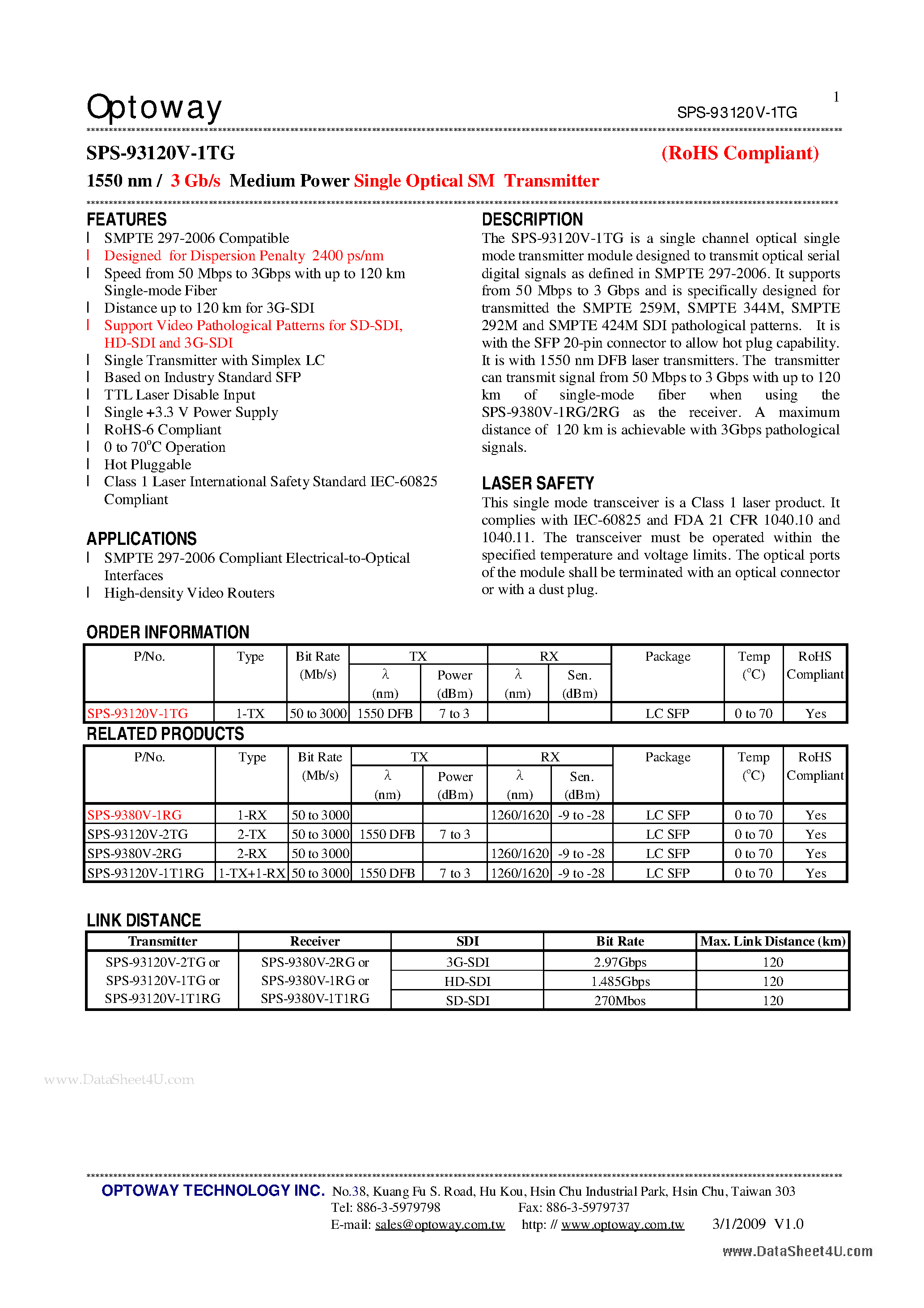 Datasheet SPS-93120V-1TG - 1550 nm / 3 Gb/s Medium Power Single Optical SM Transmitter page 1