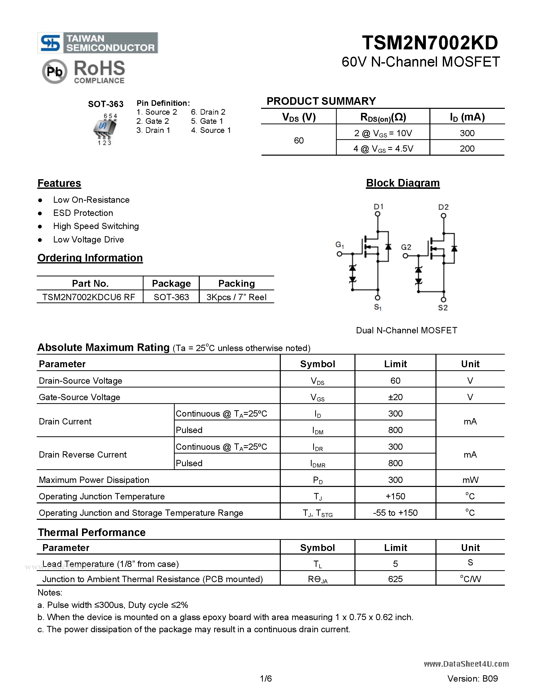 Даташит TSM2N7002KD - 60V N-Channel MOSFET страница 1