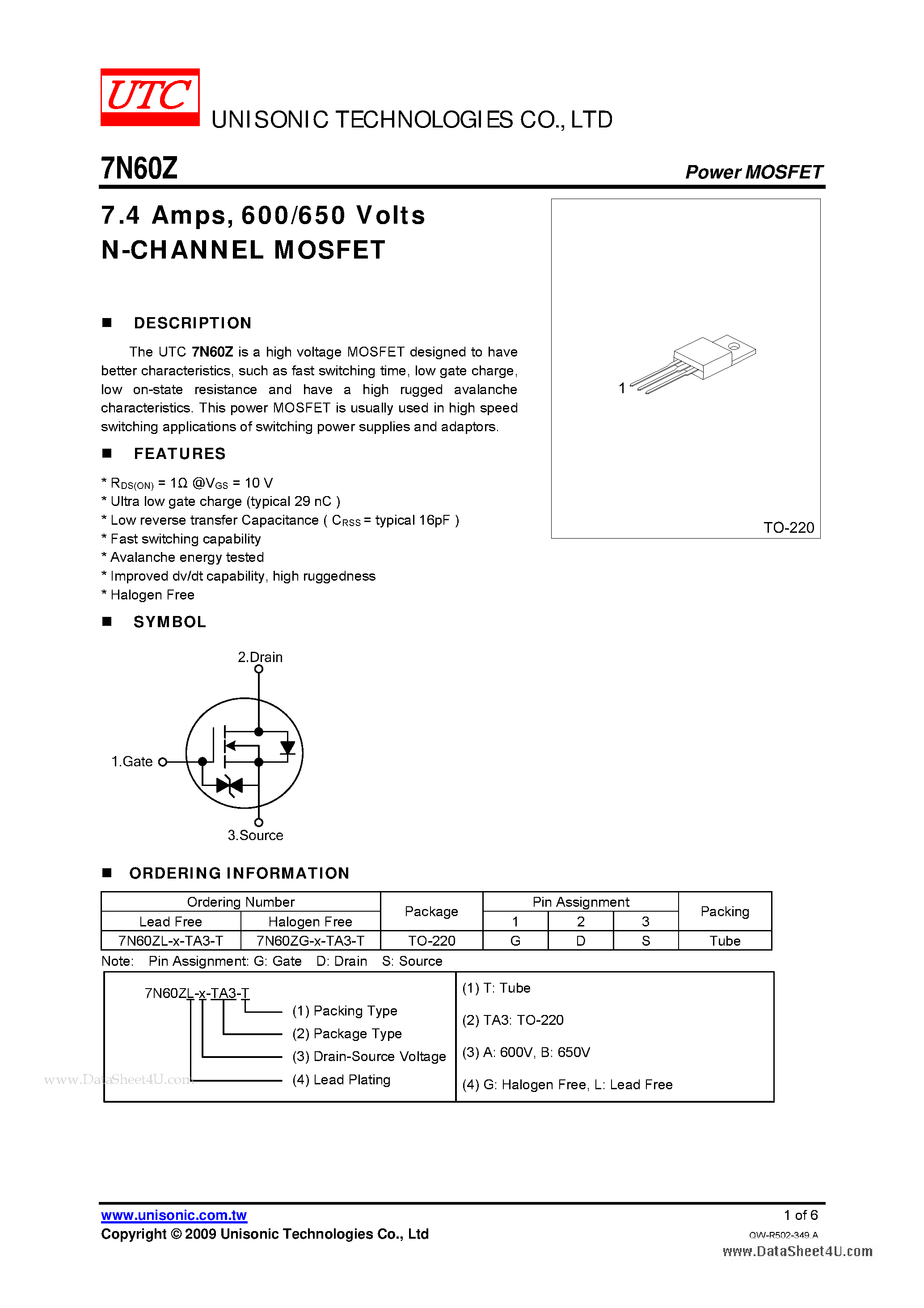 Даташит 7N60Z - 7.4 Amps 600/650 Volts N-CHANNEL MOSFET страница 1