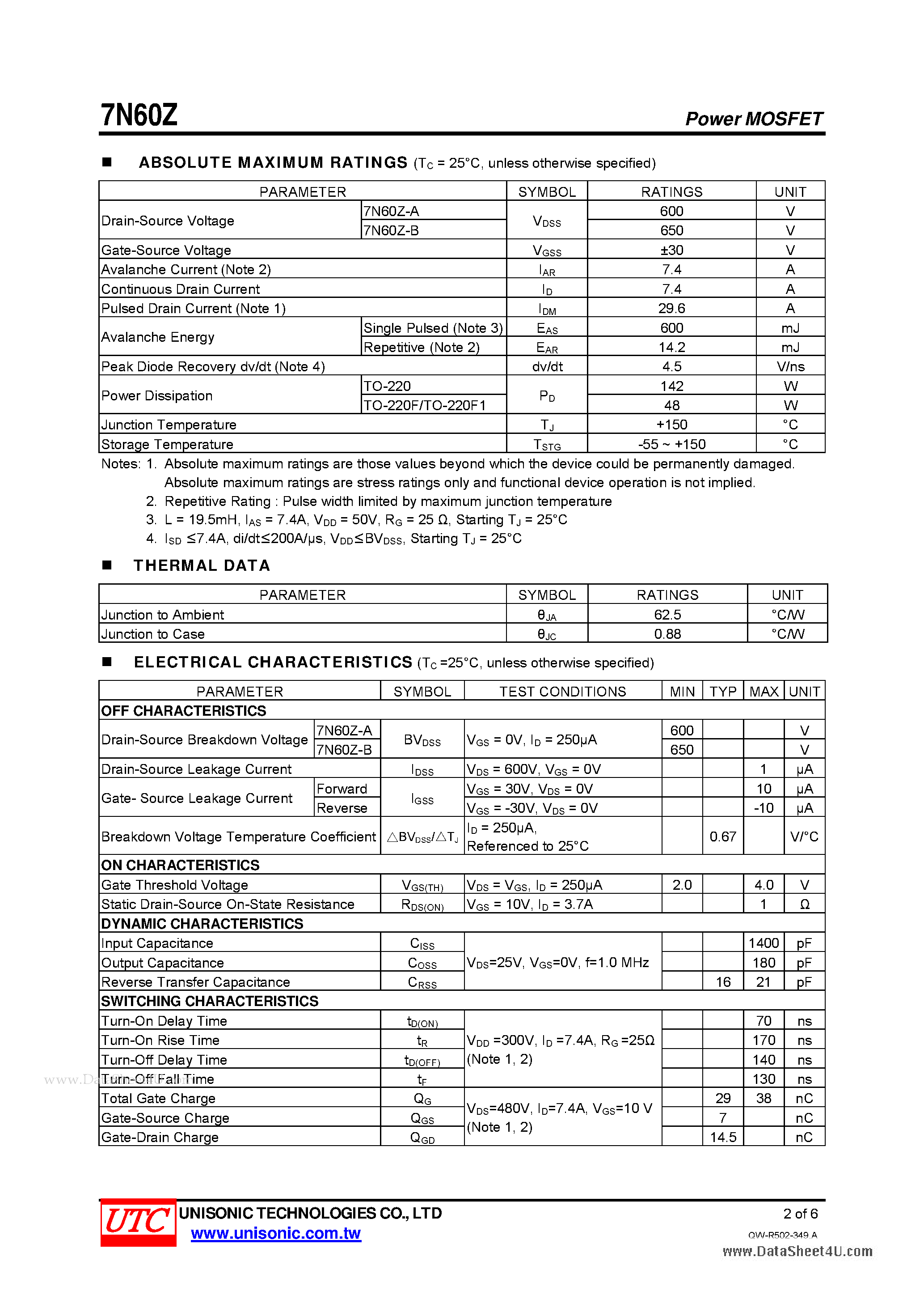 Даташит 7N60Z - 7.4 Amps 600/650 Volts N-CHANNEL MOSFET страница 2