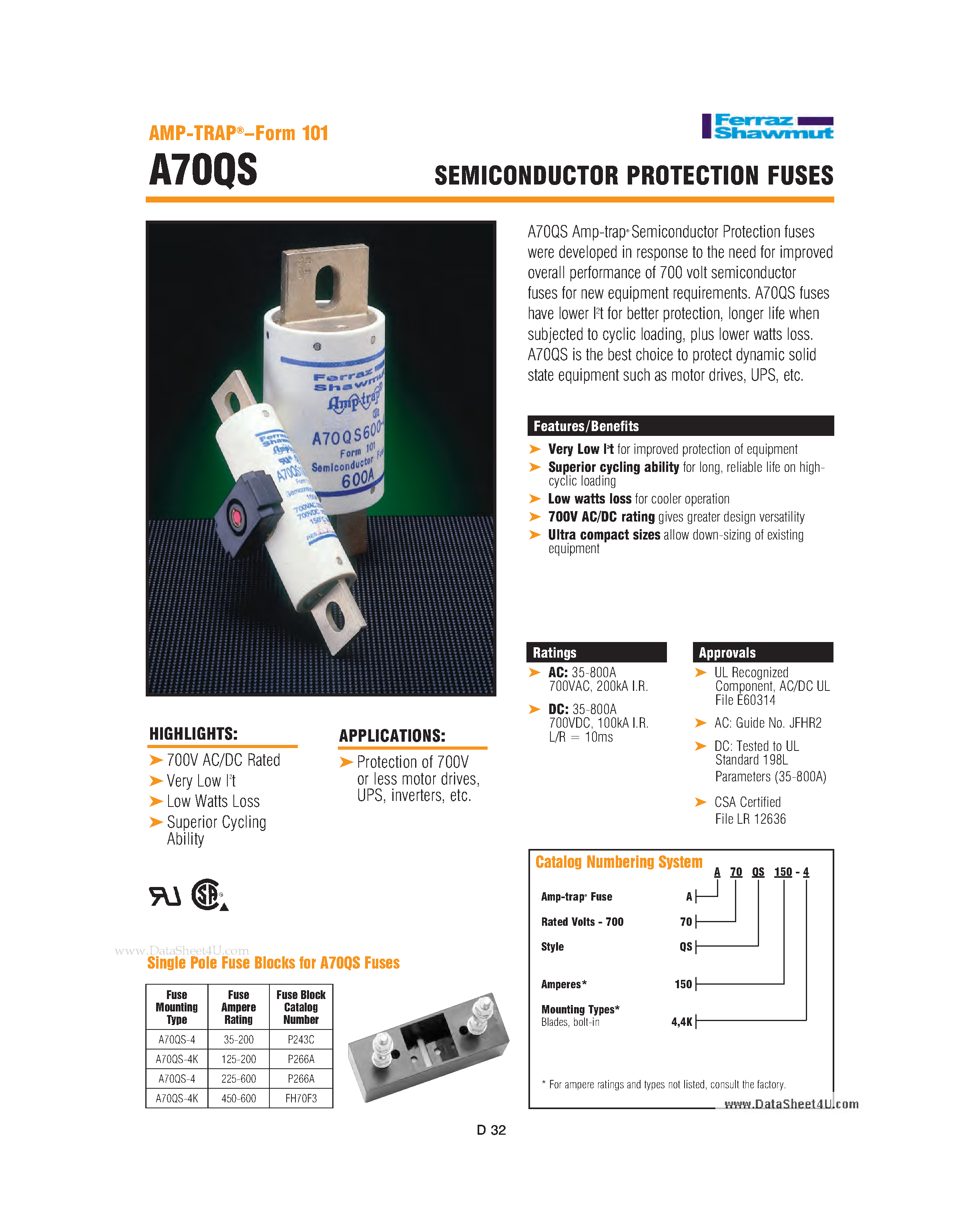 Даташит A70QS - SEMICONDUCTOR PROTECTION FUSES страница 1