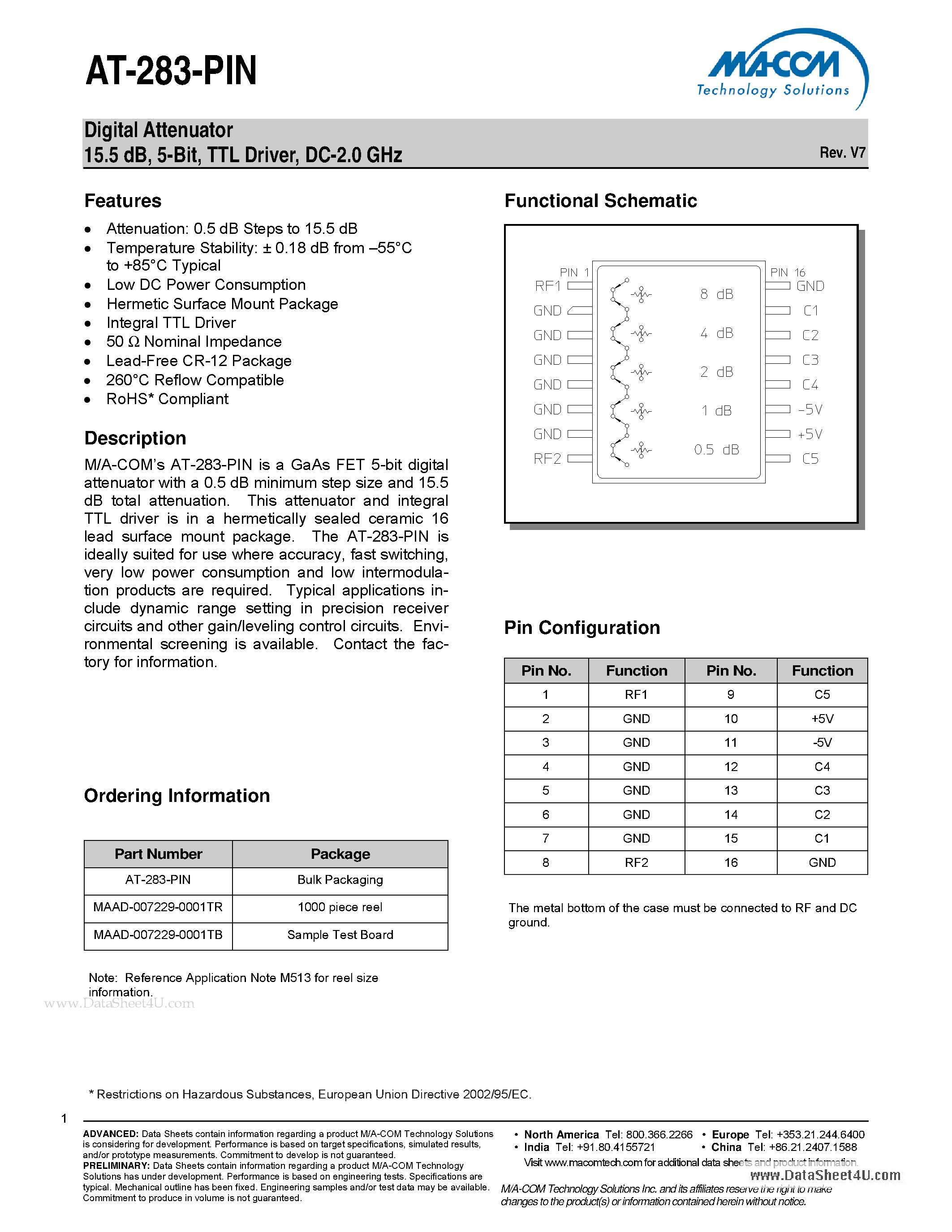 Даташит AT-283-PIN - Digital Attenuator 15.5 dB 5-Bit TTL Driver DC-2.0 GHz страница 1